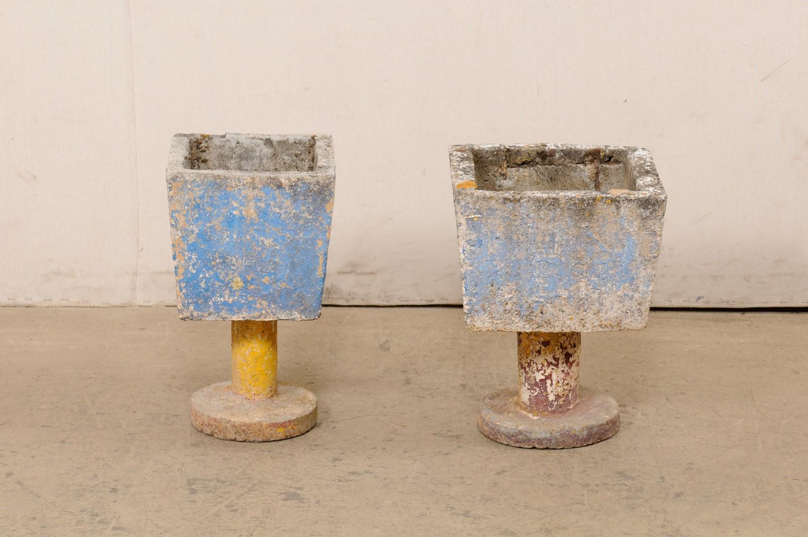 Spanish Mid-Century Pair Whimsical Planters on Pedestals w/Old Paint Remnants For Sale 1