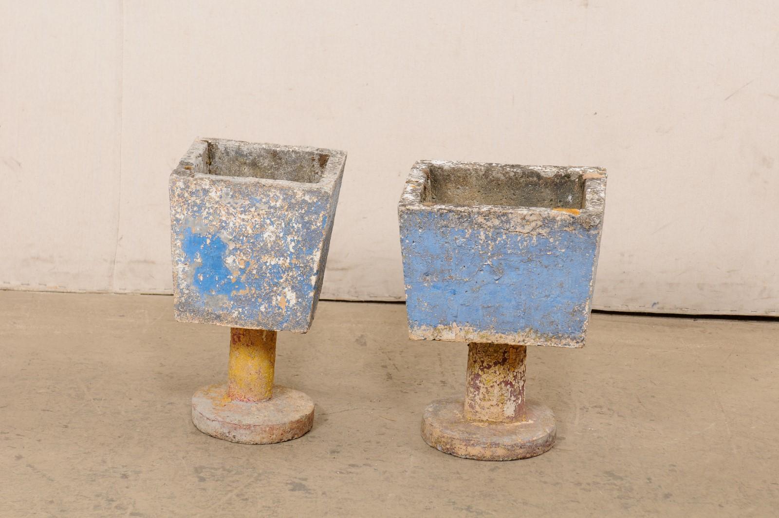 Spanish Mid-Century Pair Whimsical Planters on Pedestals w/Old Paint Remnants For Sale 2