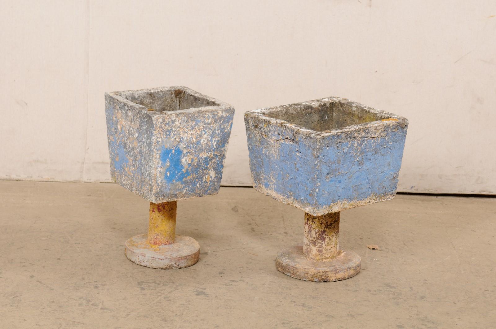 Spanish Mid-Century Pair Whimsical Planters on Pedestals w/Old Paint Remnants For Sale 3