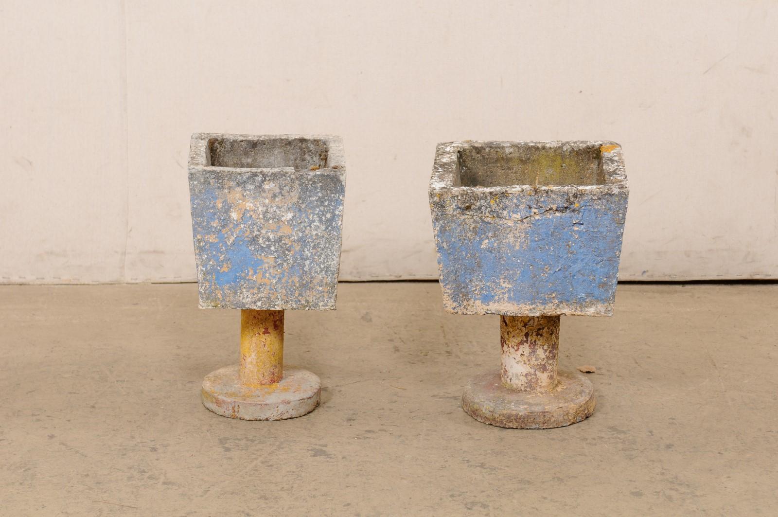Spanish Mid-Century Pair Whimsical Planters on Pedestals w/Old Paint Remnants For Sale 4