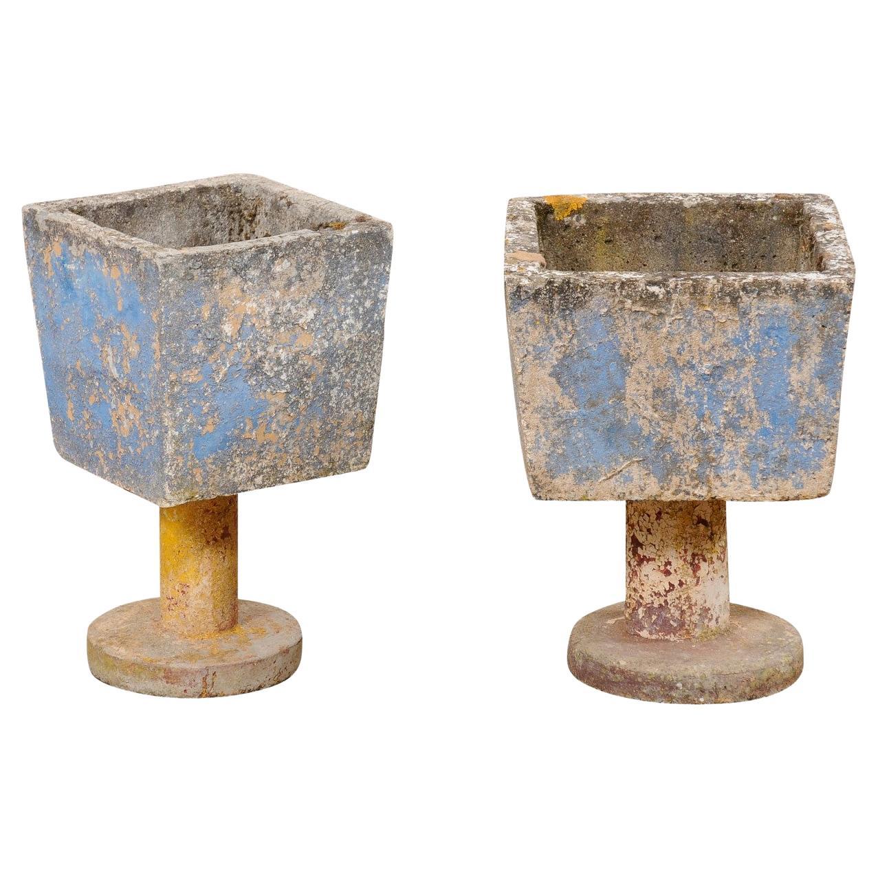 Spanish Mid-Century Pair Whimsical Planters on Pedestals w/Old Paint Remnants For Sale