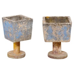 Spanish Mid-Century Pair Whimsical Planters on Pedestals w/Old Paint Remnants
