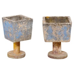 Vintage Spanish Mid-Century Pair Whimsical Planters on Pedestals w/Old Paint Remnants