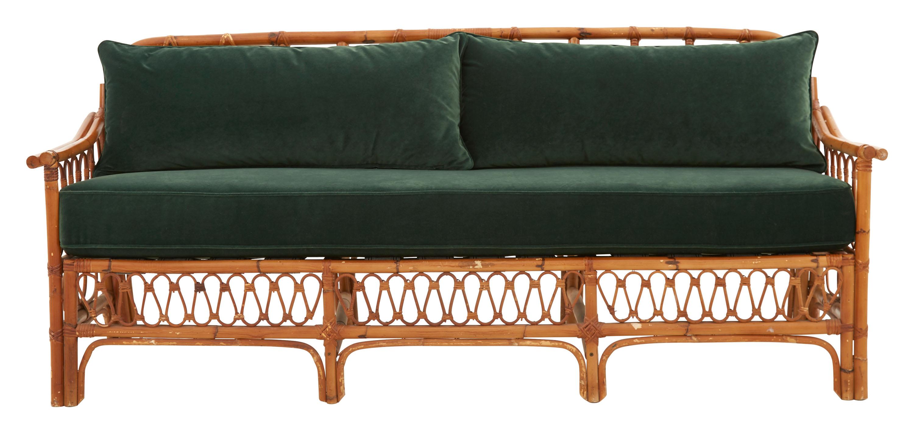 • Reupholstered in emerald velvet
• Down and feather back pillow
• Rattan and bamboo frame
• Mid-20th century
• Spain

Dimensions:
• 73.5