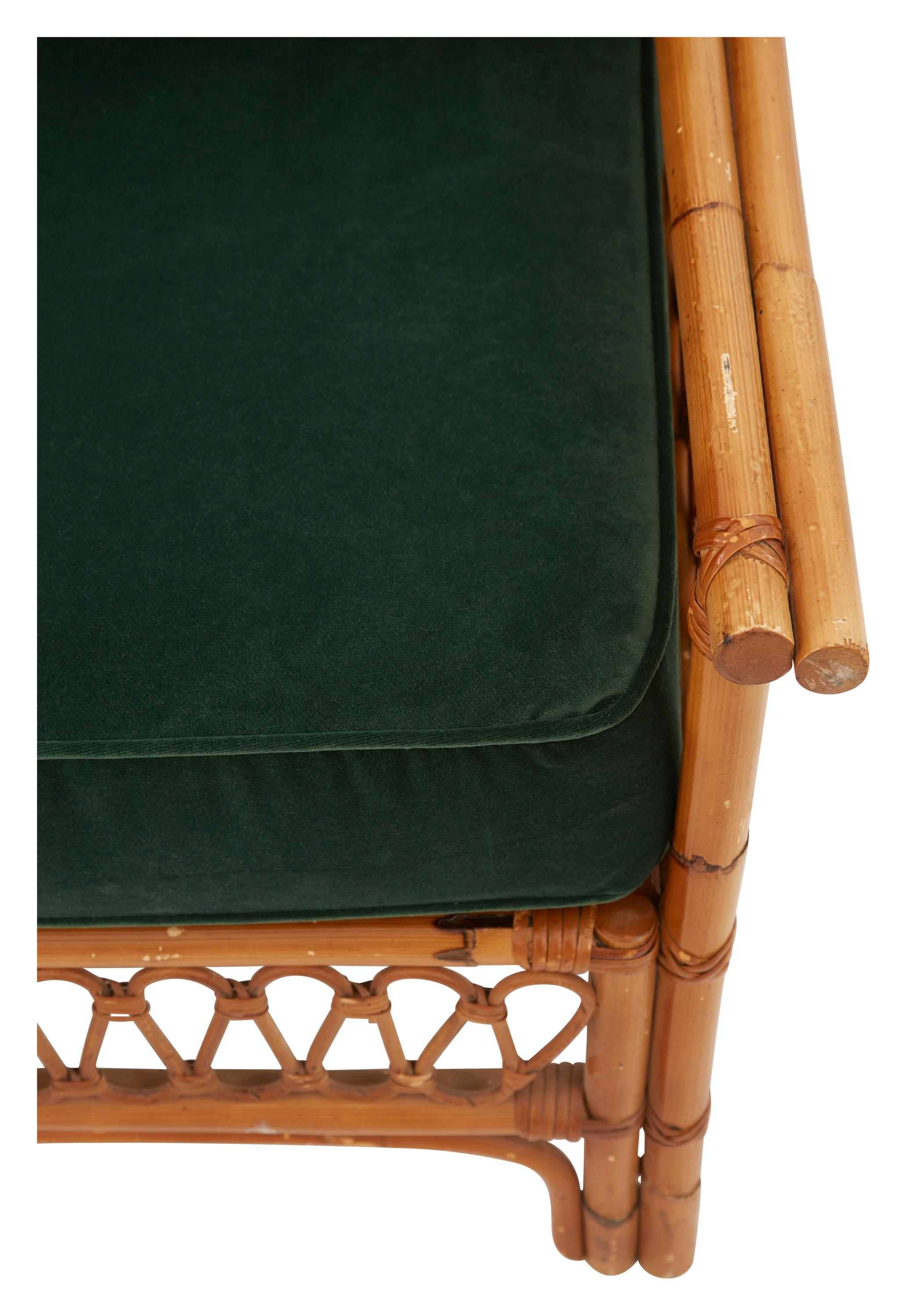 Mid-Century Modern Spanish Midcentury Rattan and Bamboo Sofa in Emerald Green Velvet