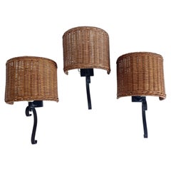 Spanish Mid-Century Wicker And Wrought Iron Wall Sconces, Three Available