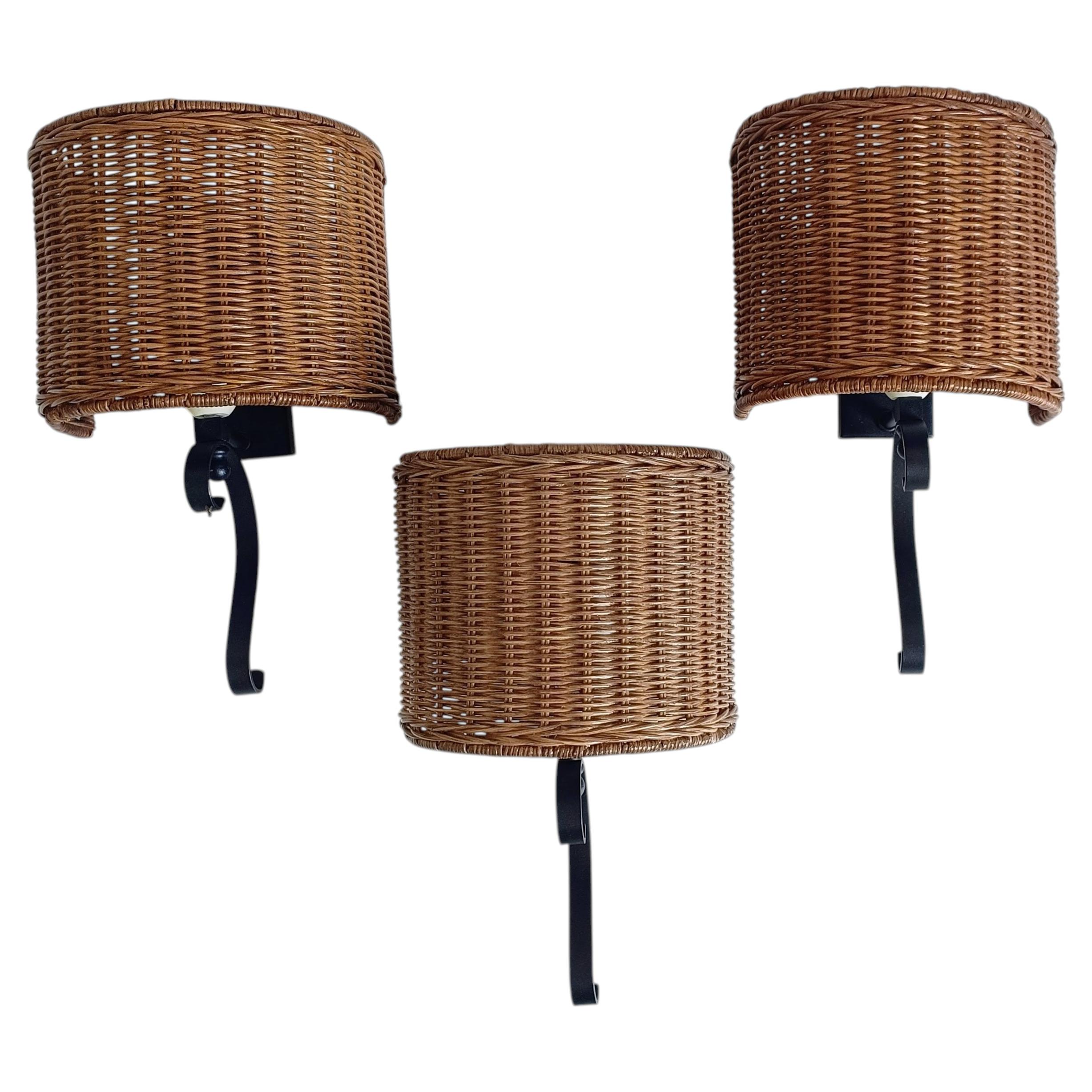 Spanish Mid-Century Wicker And Wrought Iron Wall Sconces, Three Available