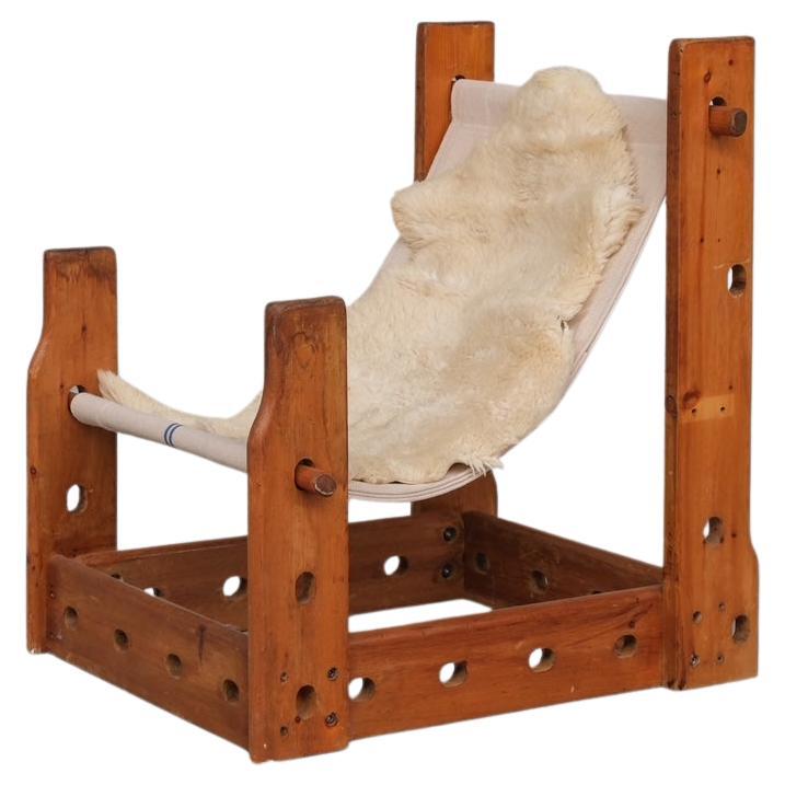 Spanish Mid-Century Wood and Canvas Sling Armchair For Sale