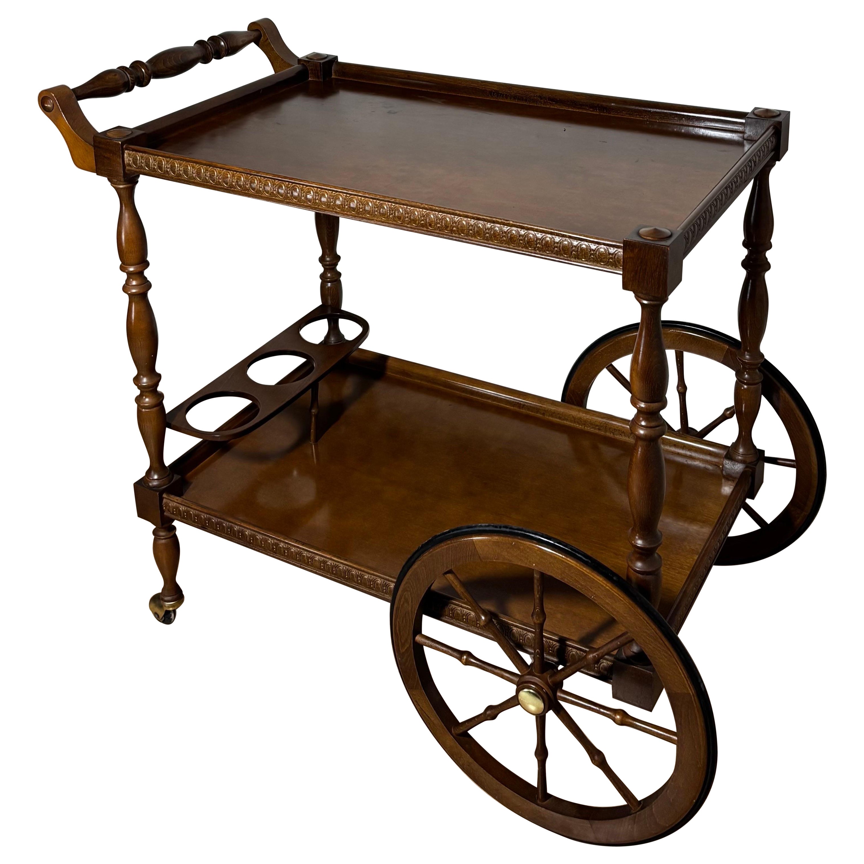 Spanish Mid-Century Wooden Bar Cart with Turned Legs and Bottle Holder