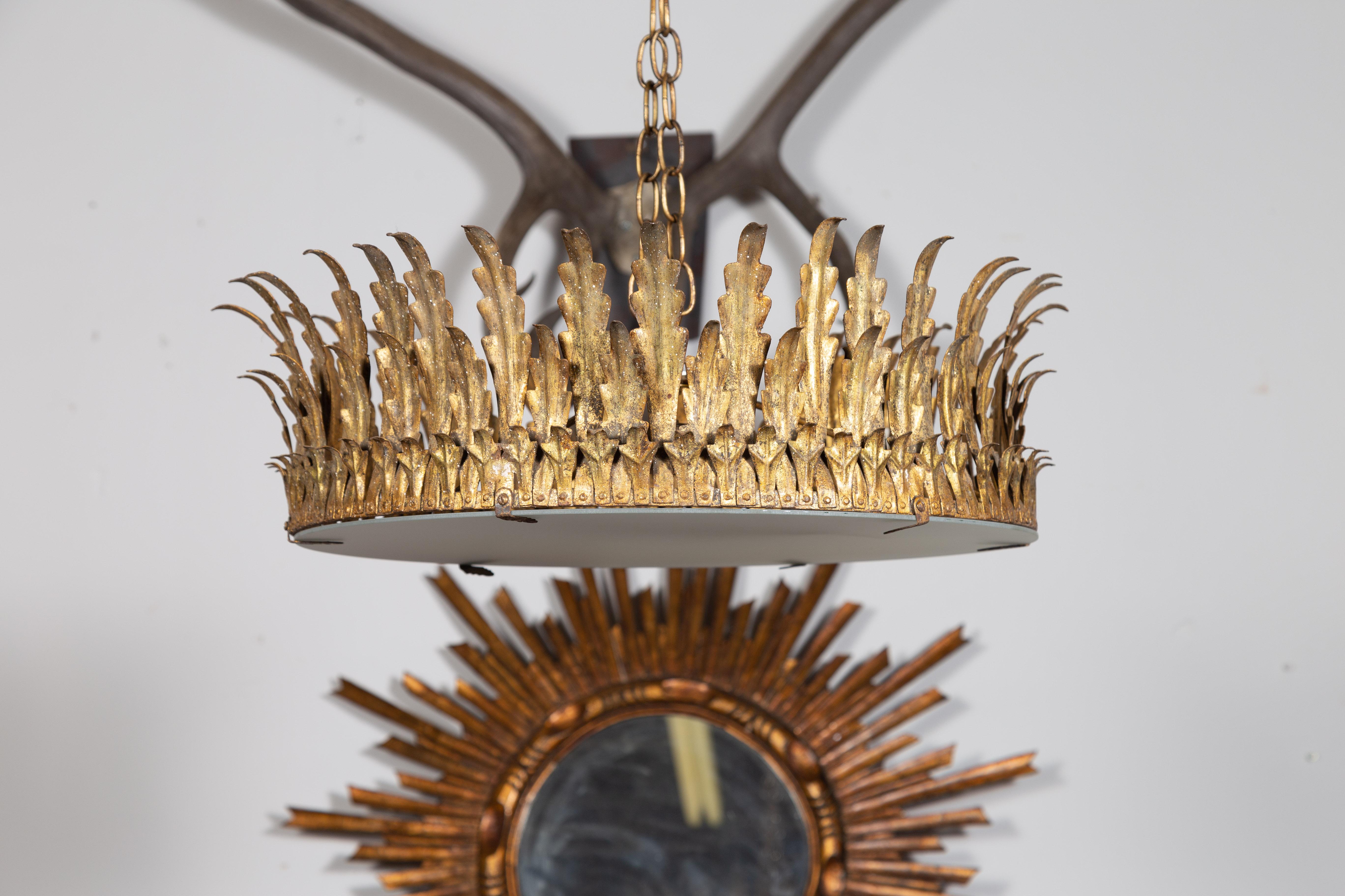 Mid-Century Modern Spanish Midcentury Four-Bulb Gilt Metal Semi-Flush Crown Chandelier with Foliage