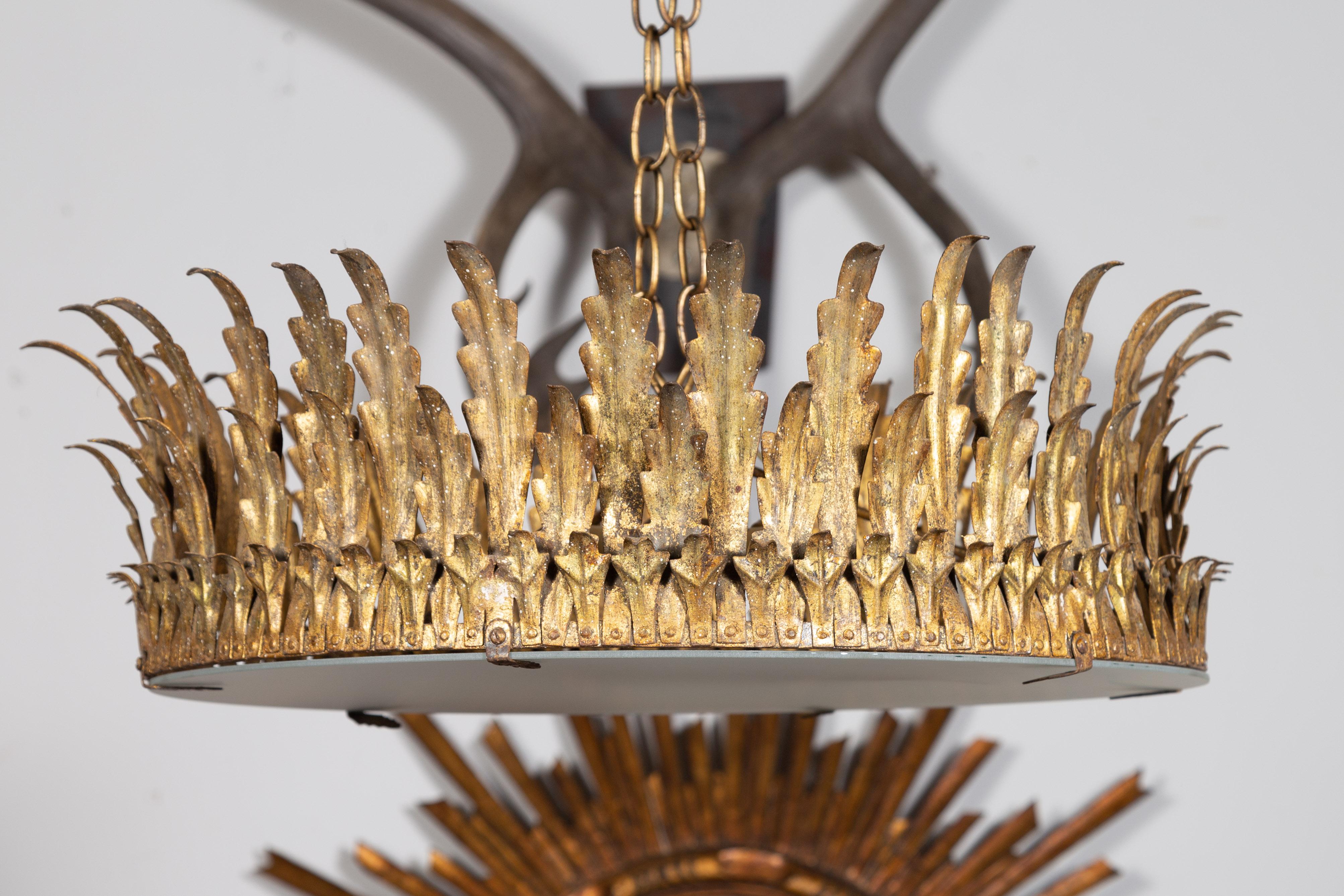 Frosted Spanish Midcentury Four-Bulb Gilt Metal Semi-Flush Crown Chandelier with Foliage