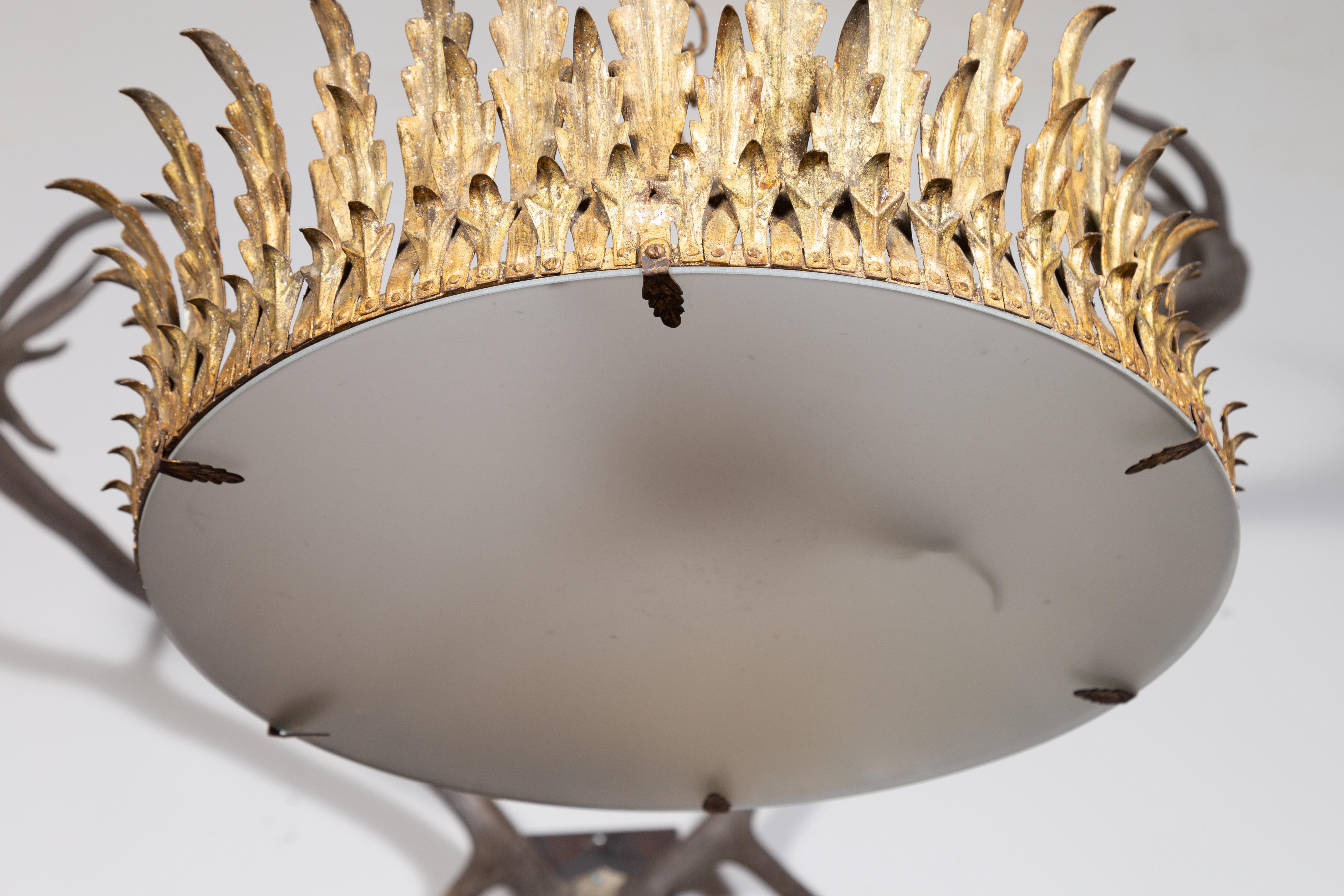 20th Century Spanish Midcentury Four-Bulb Gilt Metal Semi-Flush Crown Chandelier with Foliage