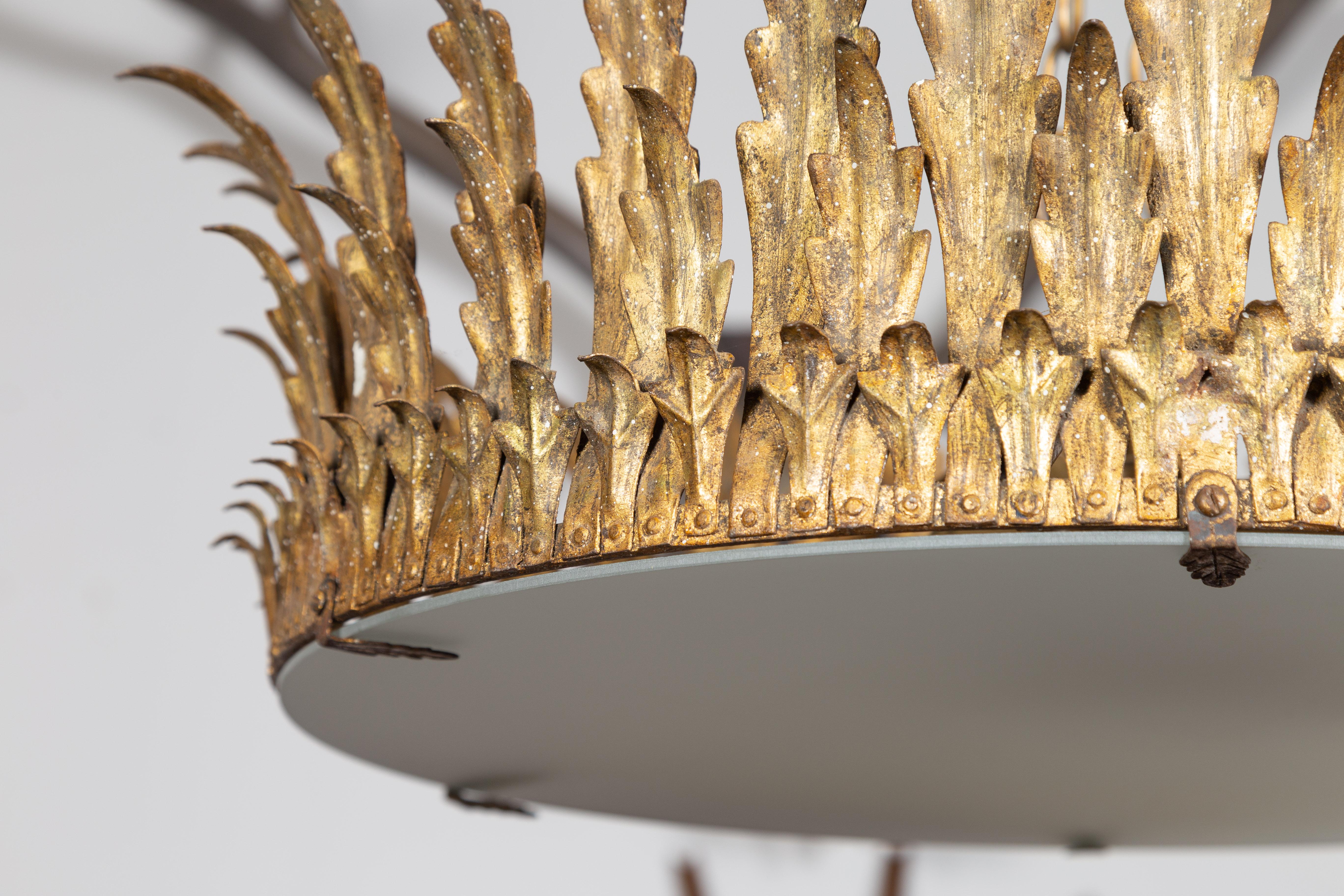 Spanish Midcentury Four-Bulb Gilt Metal Semi-Flush Crown Chandelier with Foliage 1