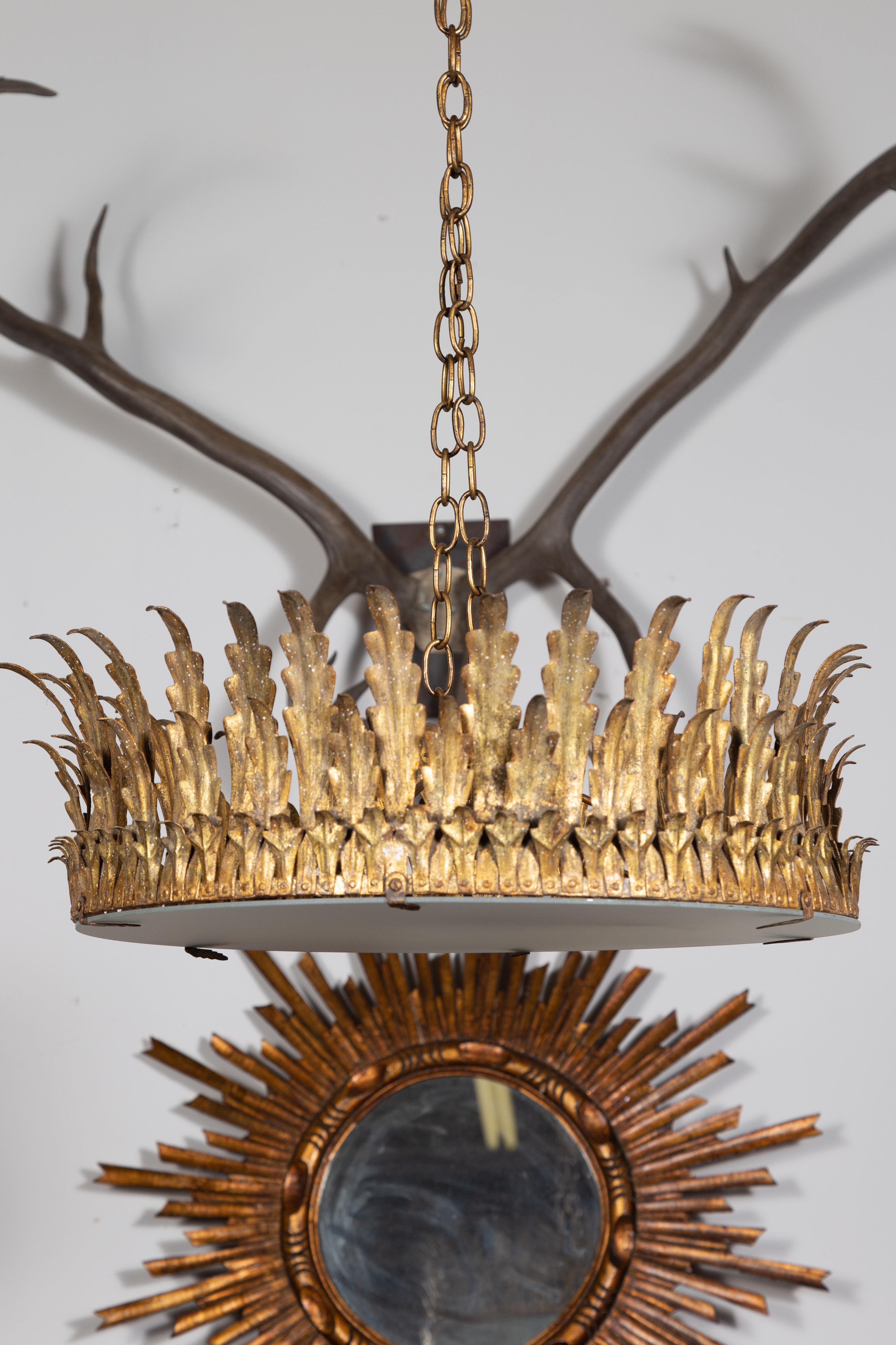 Spanish Midcentury Four-Bulb Gilt Metal Semi-Flush Crown Chandelier with Foliage 2