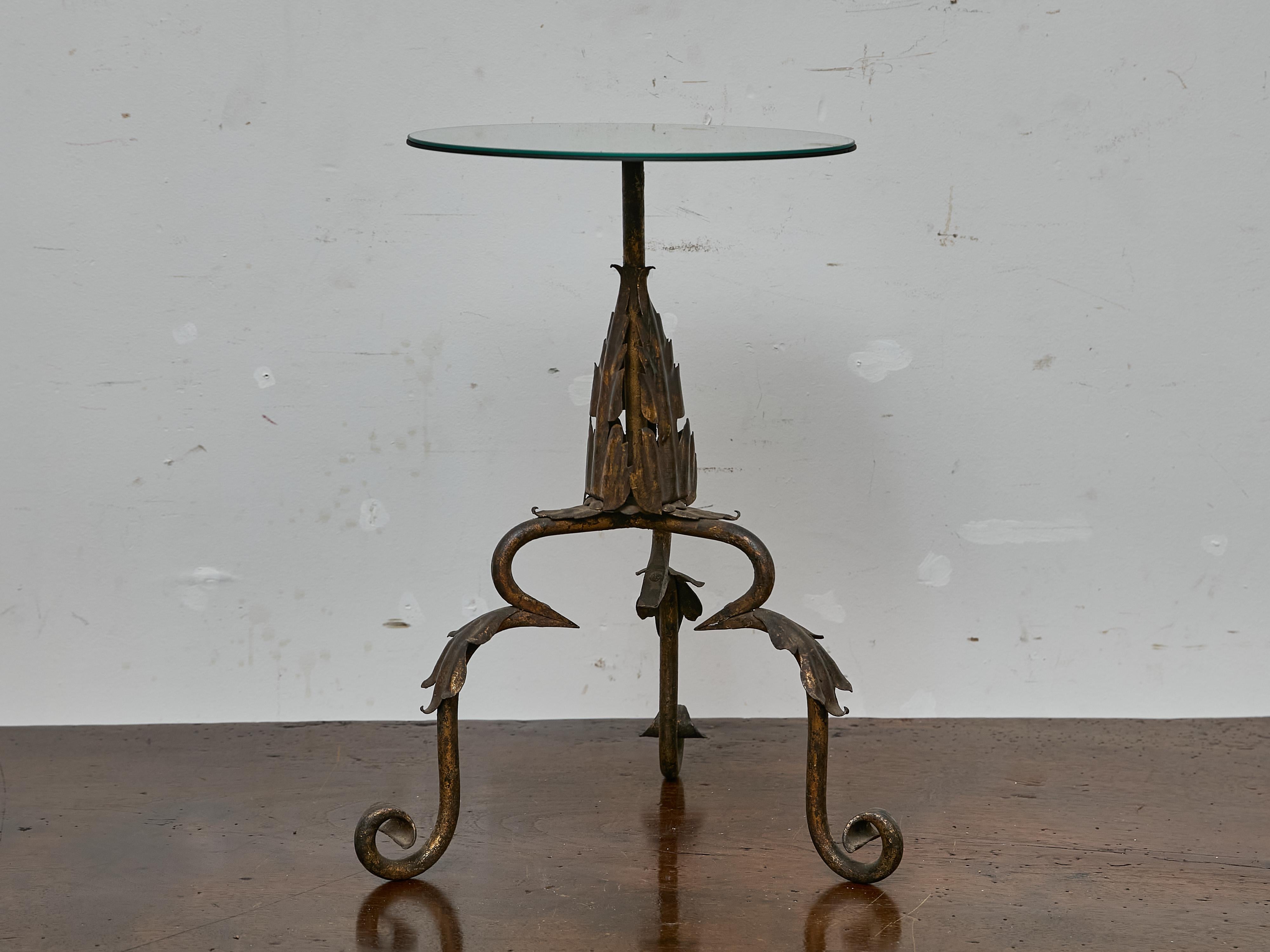 Mid-Century Modern Spanish Midcentury Gilt Iron Table with Scrolling Legs and Mirrored Top