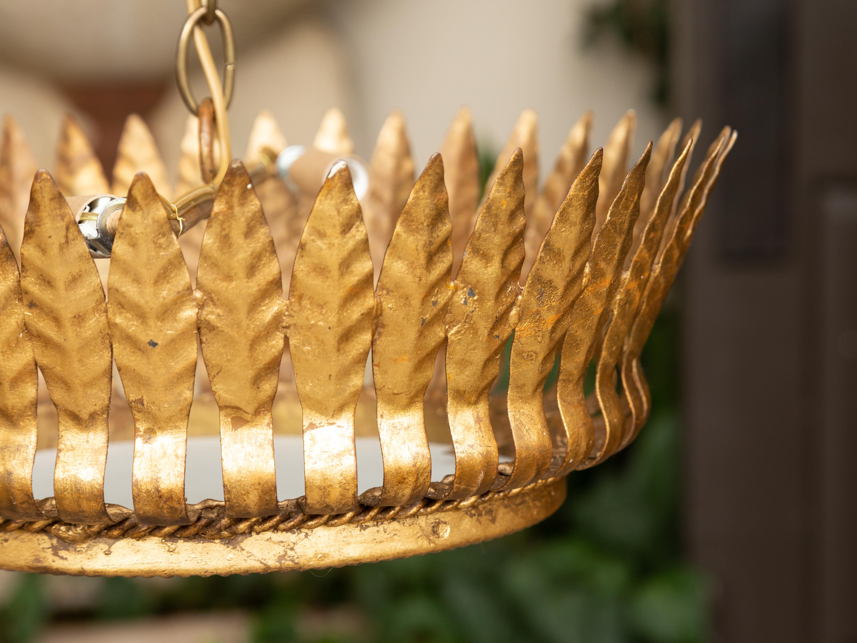 Spanish Midcentury Gilt Metal Chandelier with Frosted Glass and Leaf Motifs 6