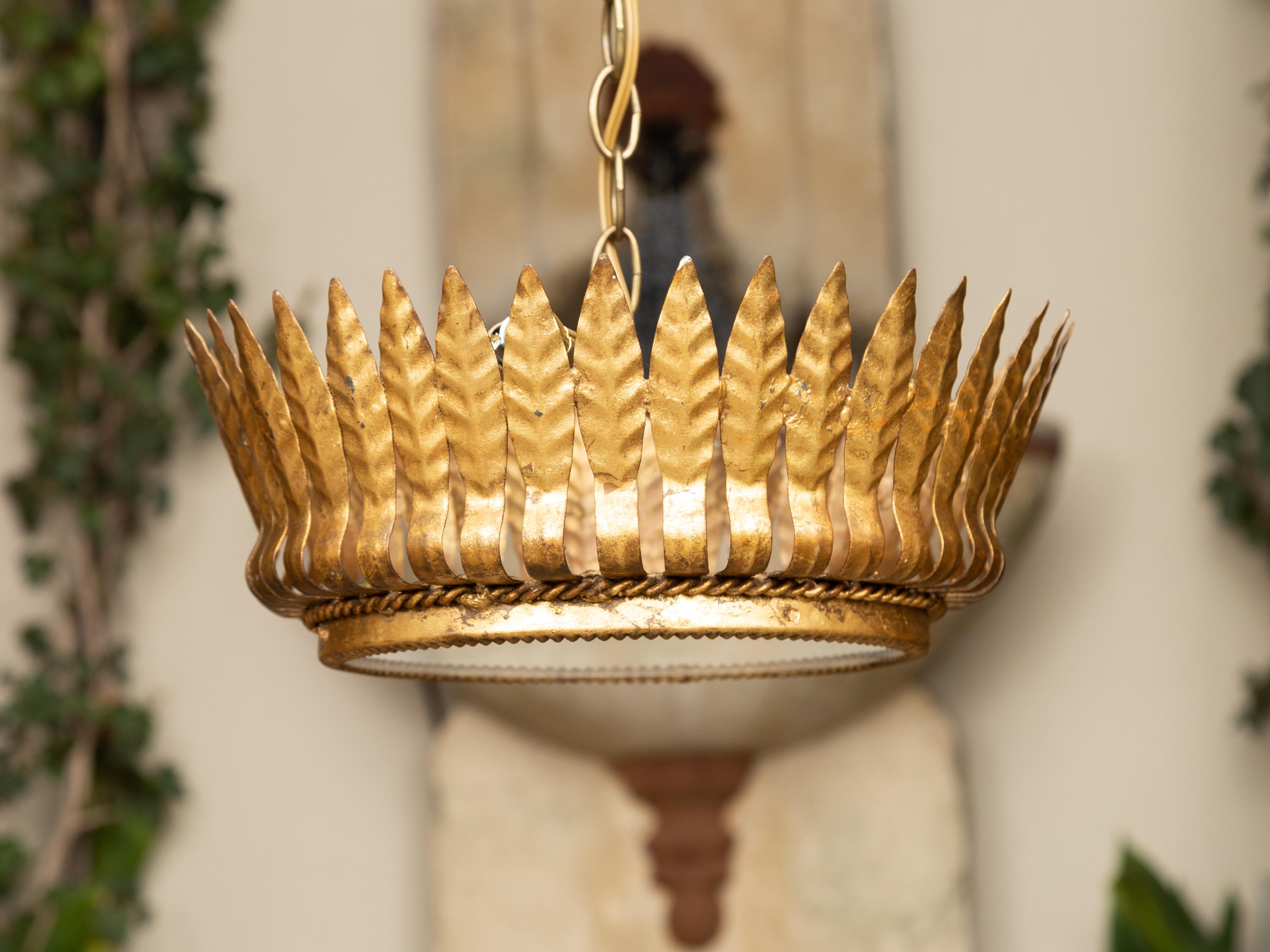 Spanish Midcentury Gilt Metal Chandelier with Frosted Glass and Leaf Motifs 7