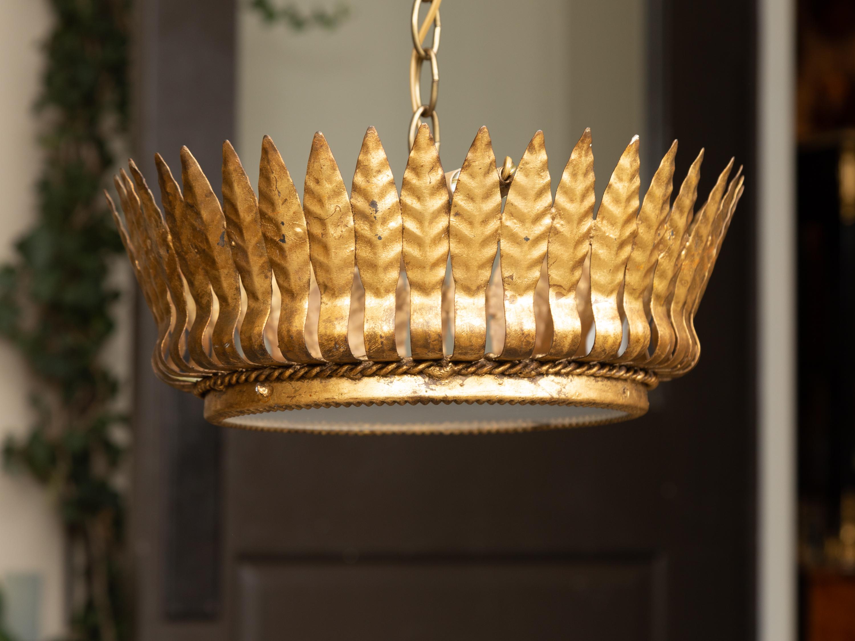 Spanish Midcentury Gilt Metal Chandelier with Frosted Glass and Leaf Motifs 9