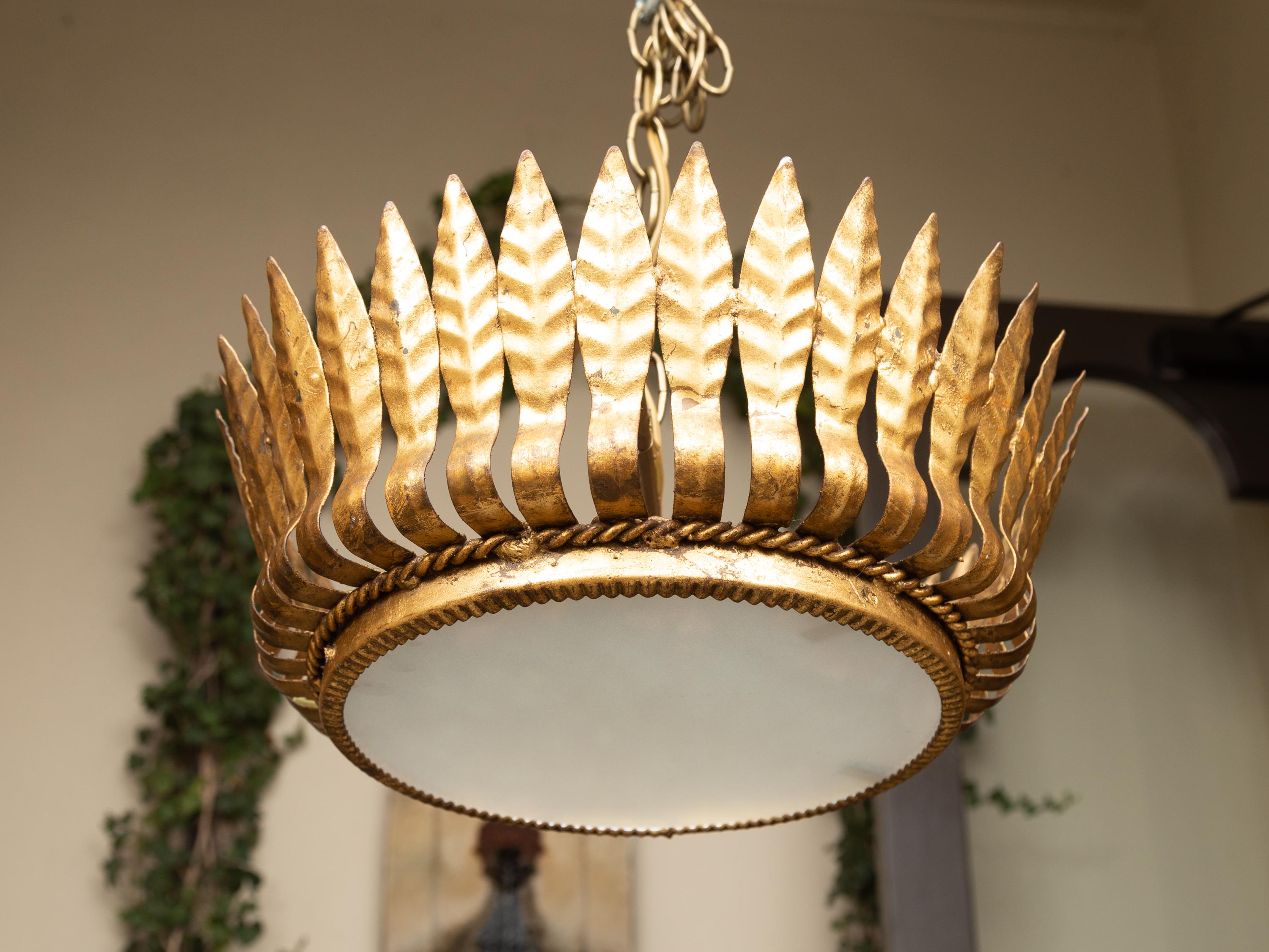 Spanish Midcentury Gilt Metal Chandelier with Frosted Glass and Leaf Motifs 14