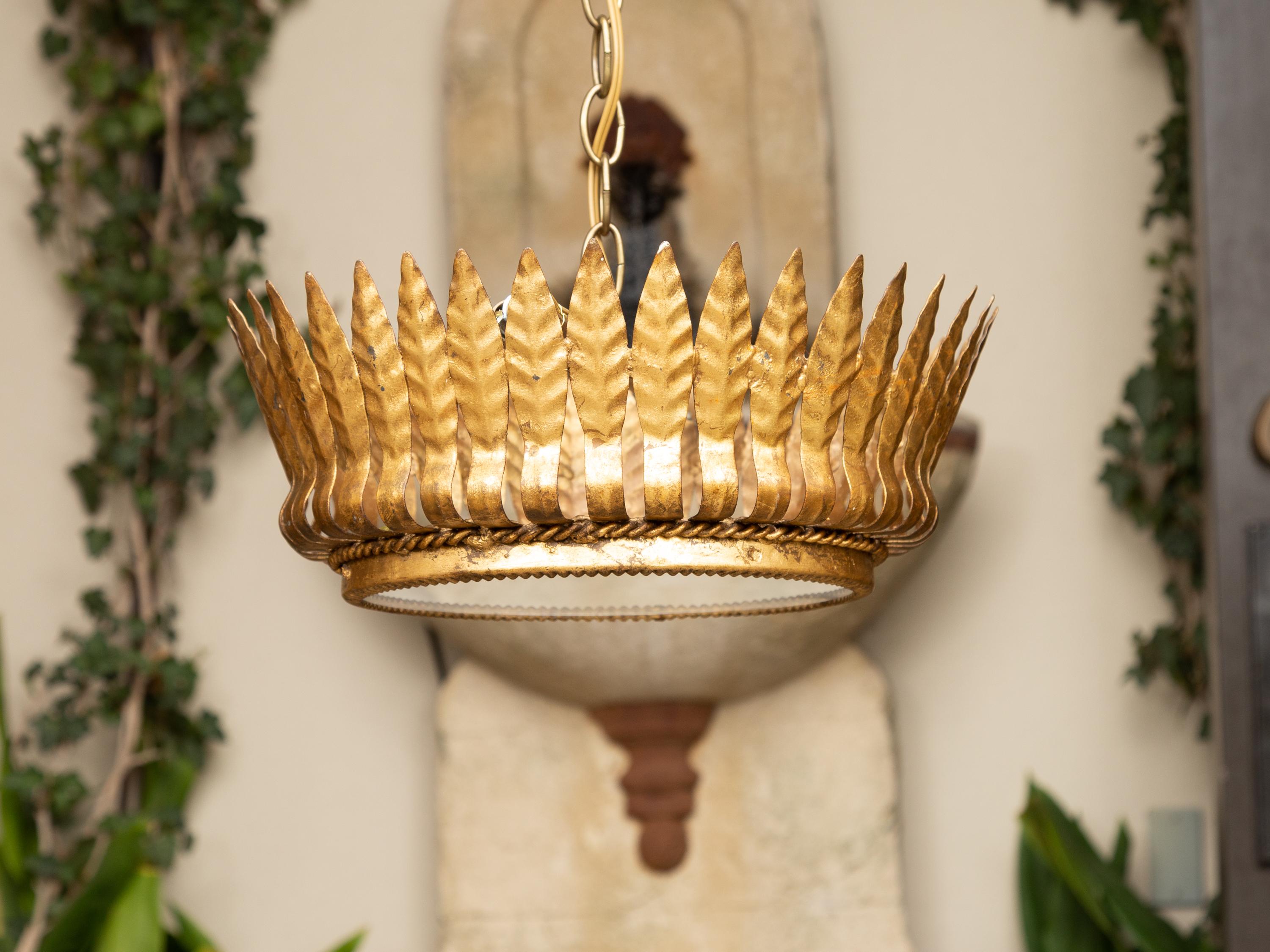 Mid-Century Modern Spanish Midcentury Gilt Metal Chandelier with Frosted Glass and Leaf Motifs