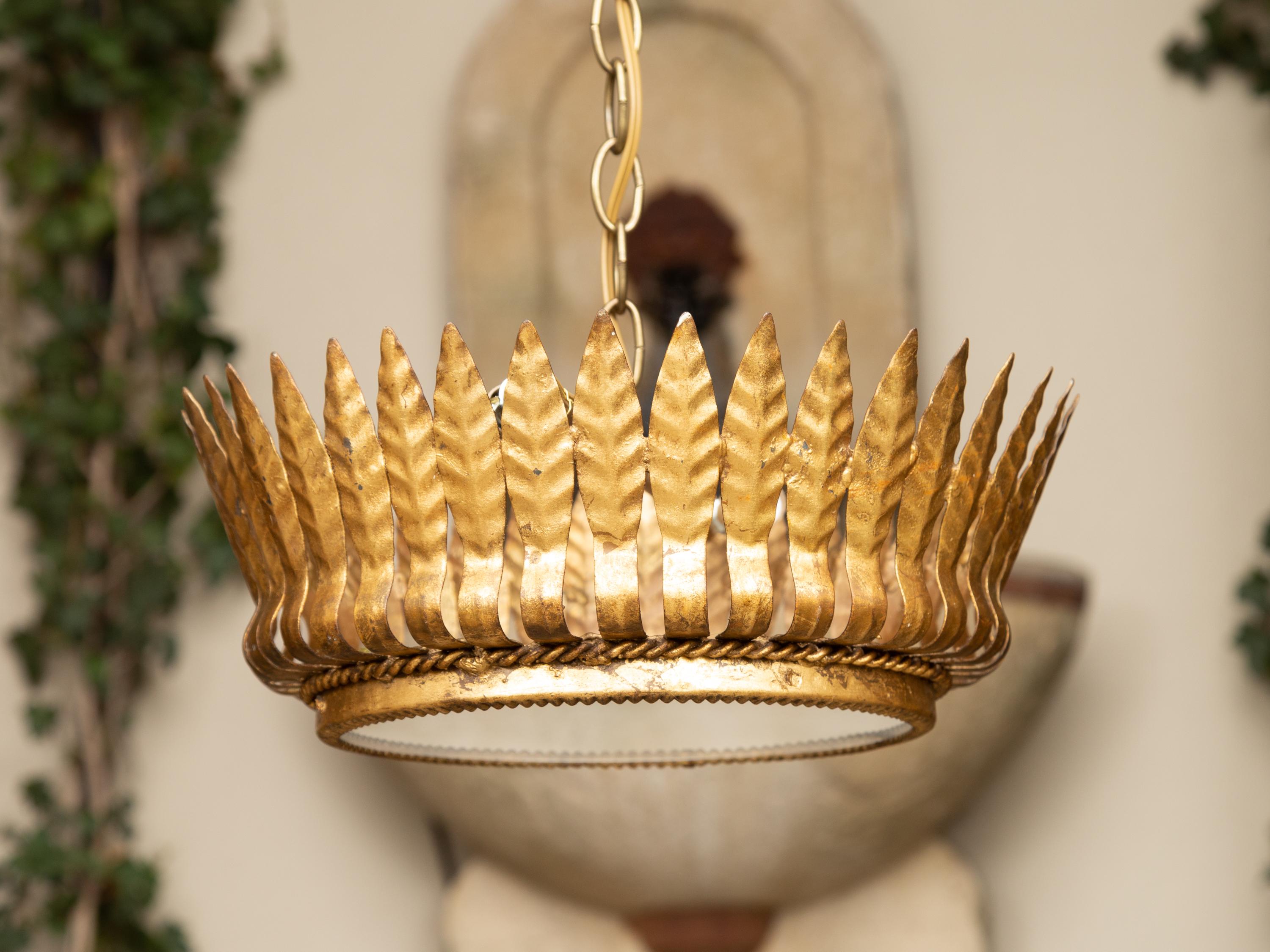 20th Century Spanish Midcentury Gilt Metal Chandelier with Frosted Glass and Leaf Motifs