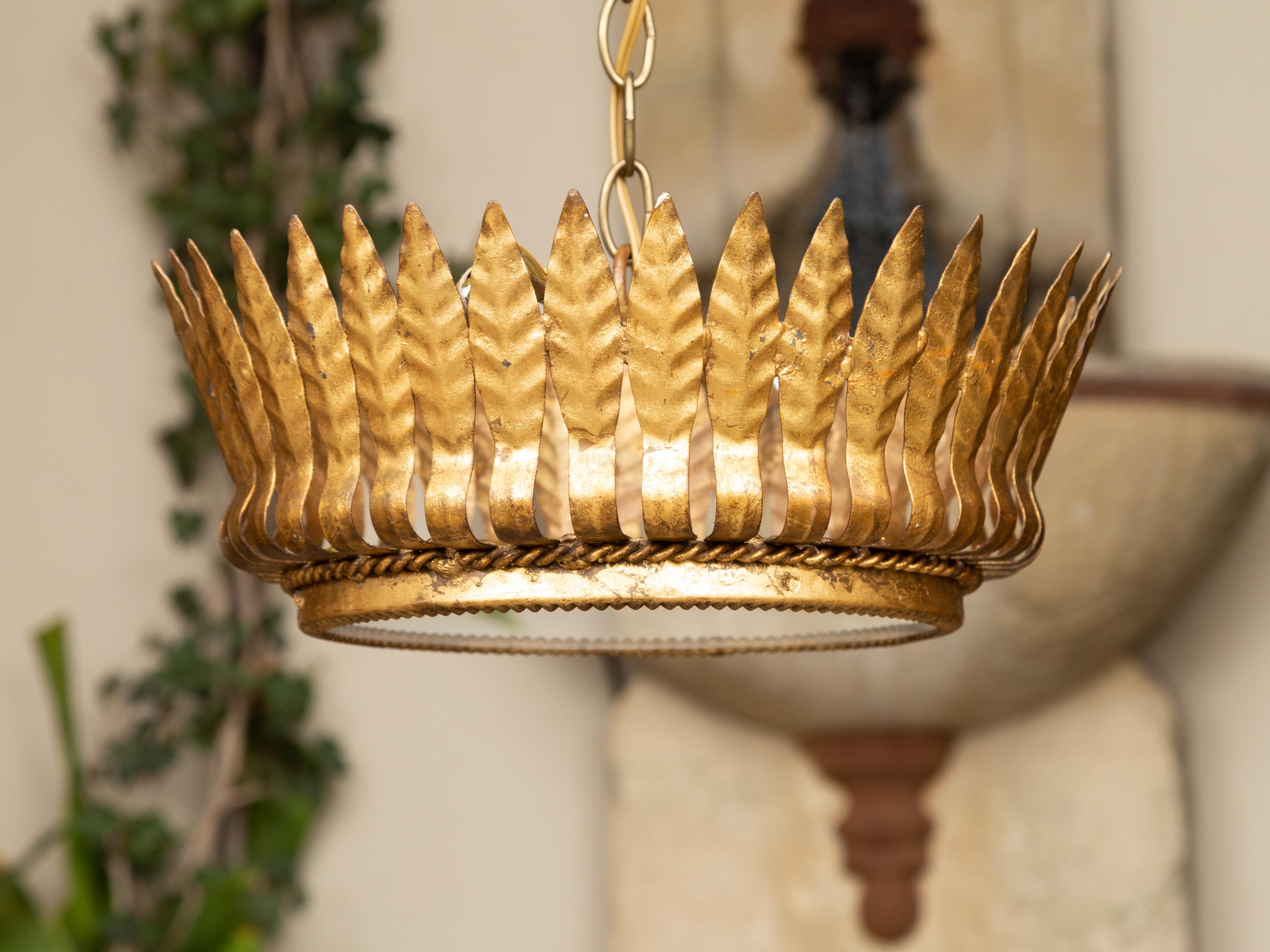 Spanish Midcentury Gilt Metal Chandelier with Frosted Glass and Leaf Motifs 1