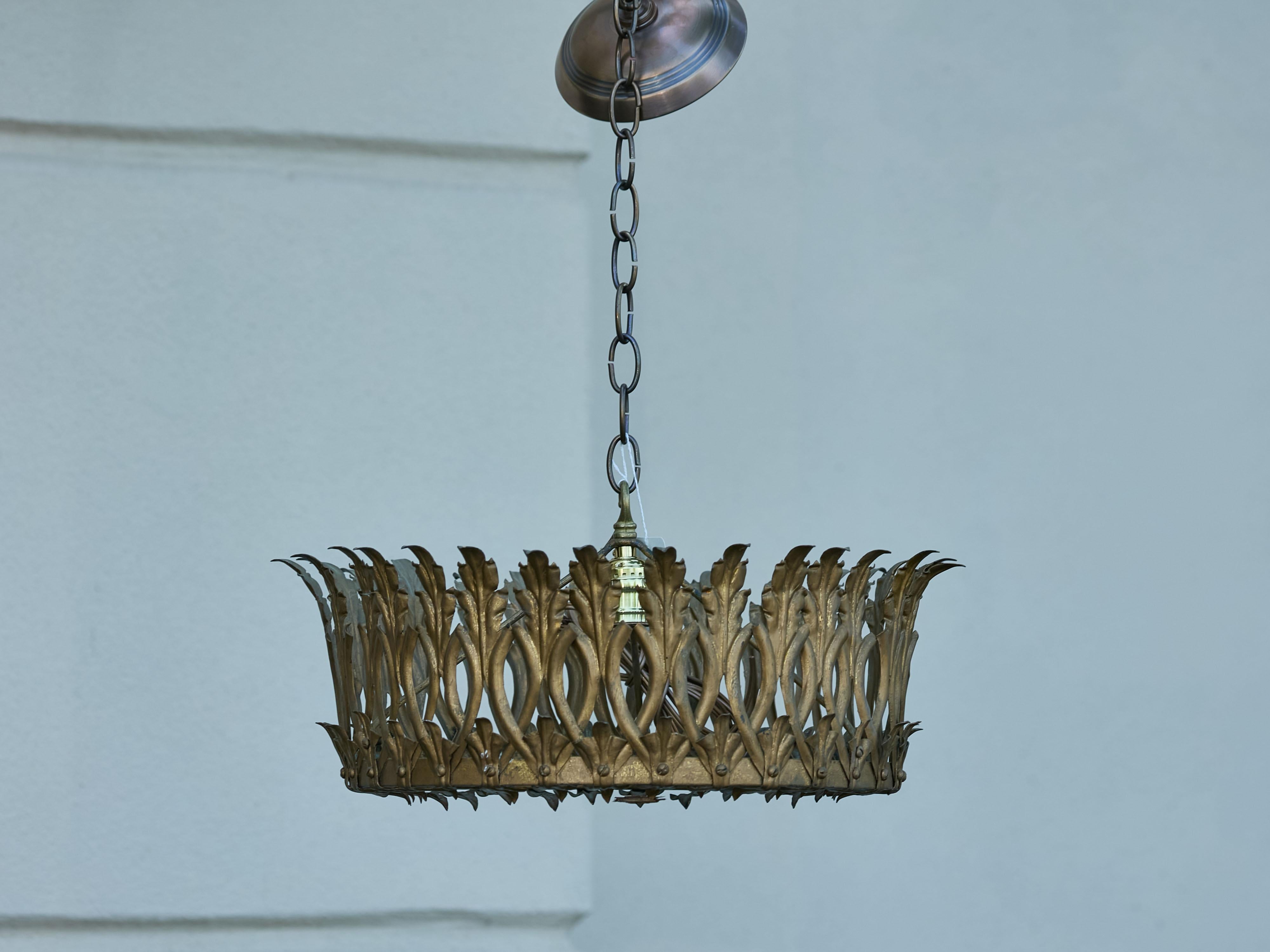 Spanish Midcentury Gilt Metal Crown Chandelier with Elongated Leaves, US Wired For Sale 4