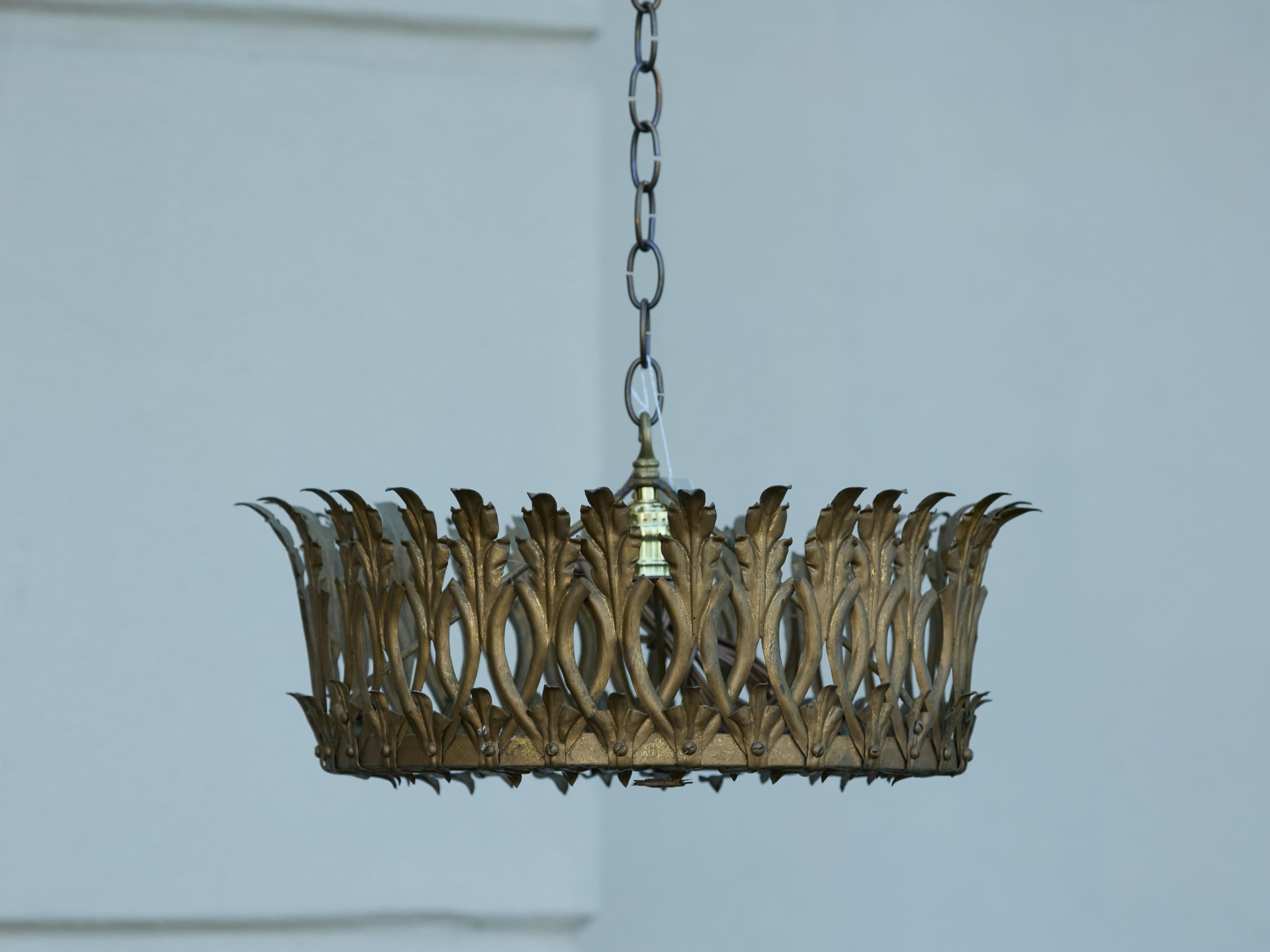 Spanish Midcentury Gilt Metal Crown Chandelier with Elongated Leaves, US Wired For Sale 7
