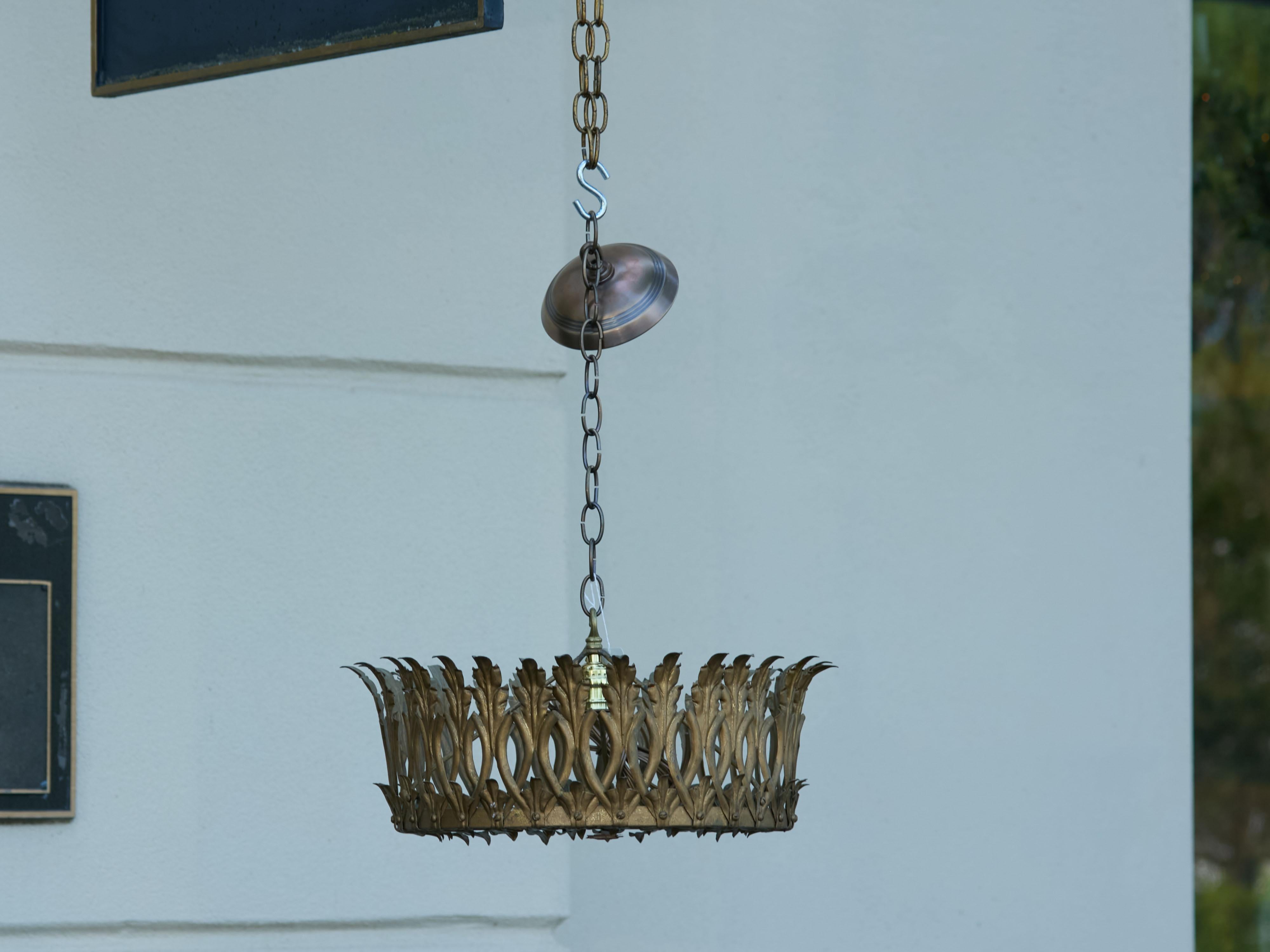 Spanish Midcentury Gilt Metal Crown Chandelier with Elongated Leaves, US Wired For Sale 8