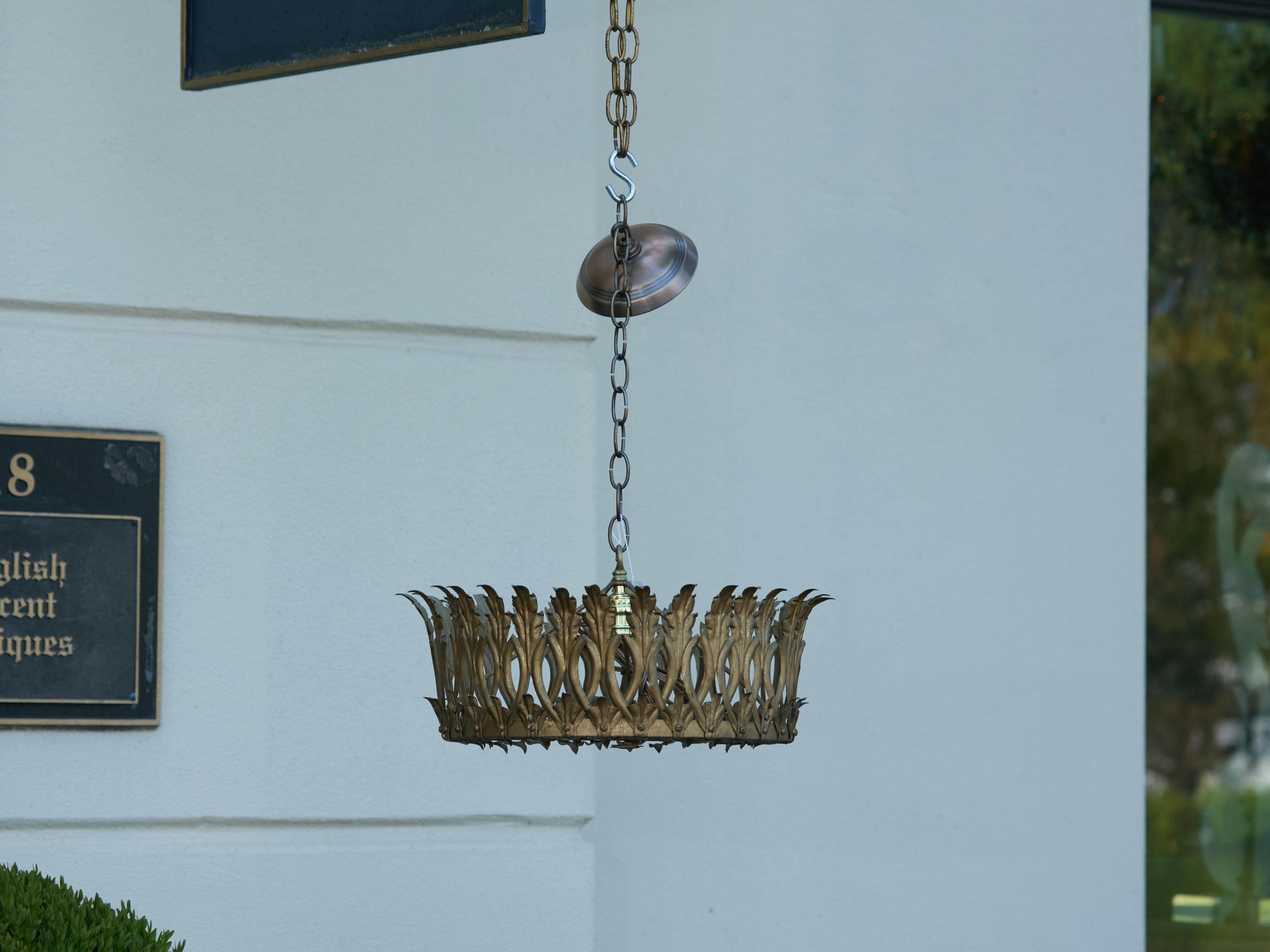 Spanish Midcentury Gilt Metal Crown Chandelier with Elongated Leaves, US Wired For Sale 9