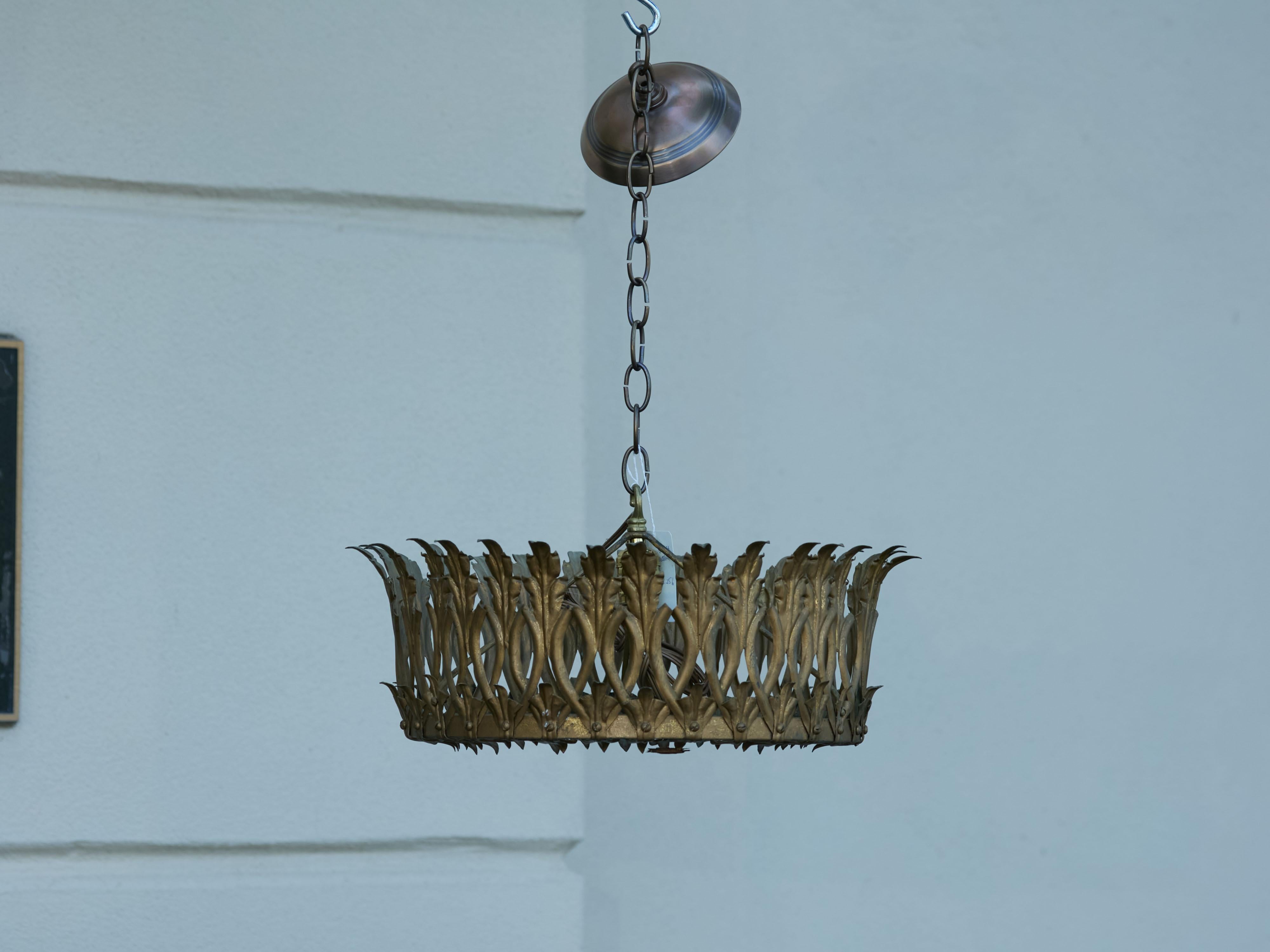 Spanish Midcentury Gilt Metal Crown Chandelier with Elongated Leaves, US Wired For Sale 10
