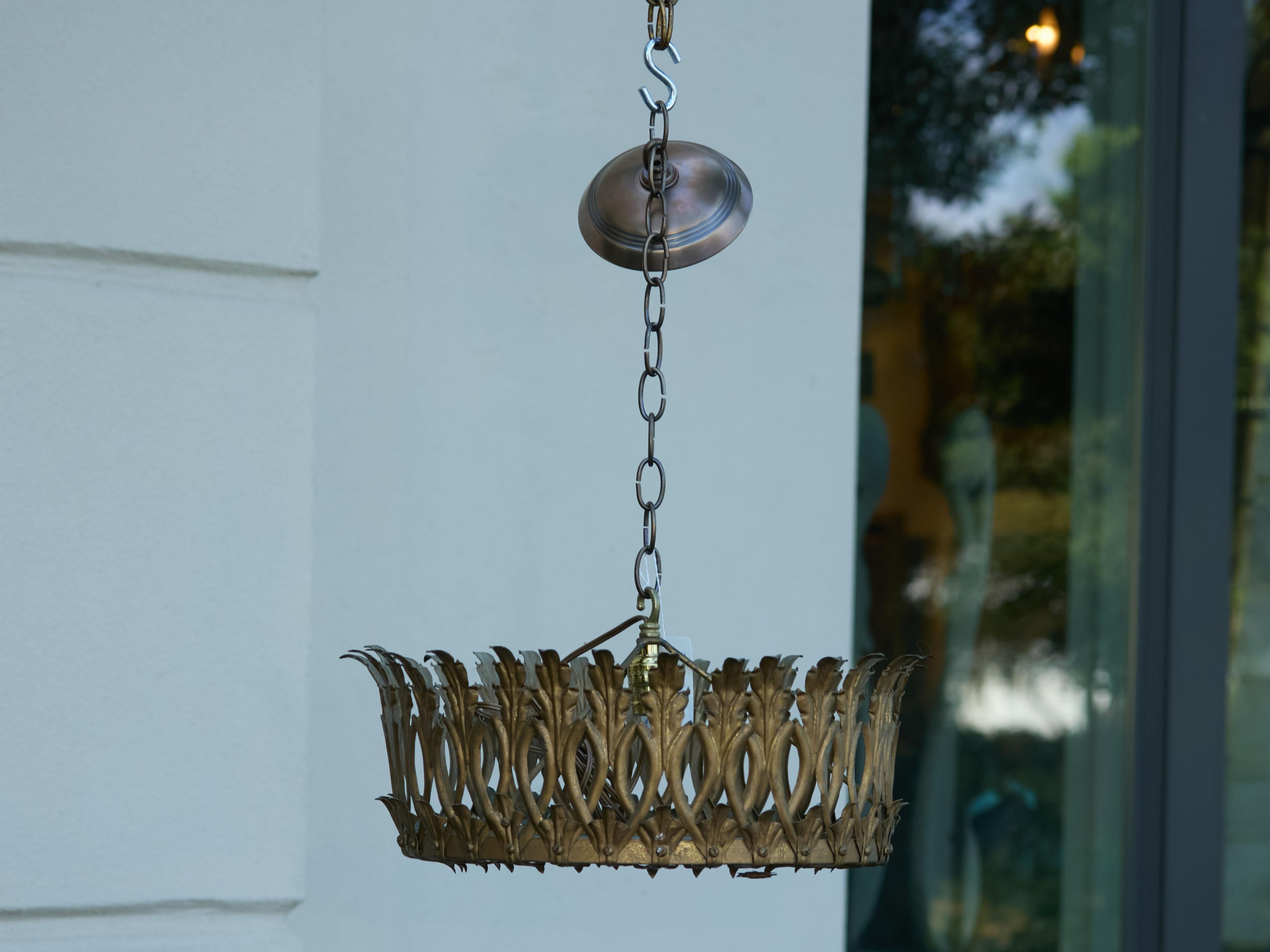 Spanish Midcentury Gilt Metal Crown Chandelier with Elongated Leaves, US Wired For Sale 11