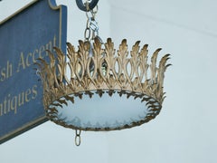 Spanish Midcentury Gilt Metal Crown Chandelier with Elongated Leaves, US Wired