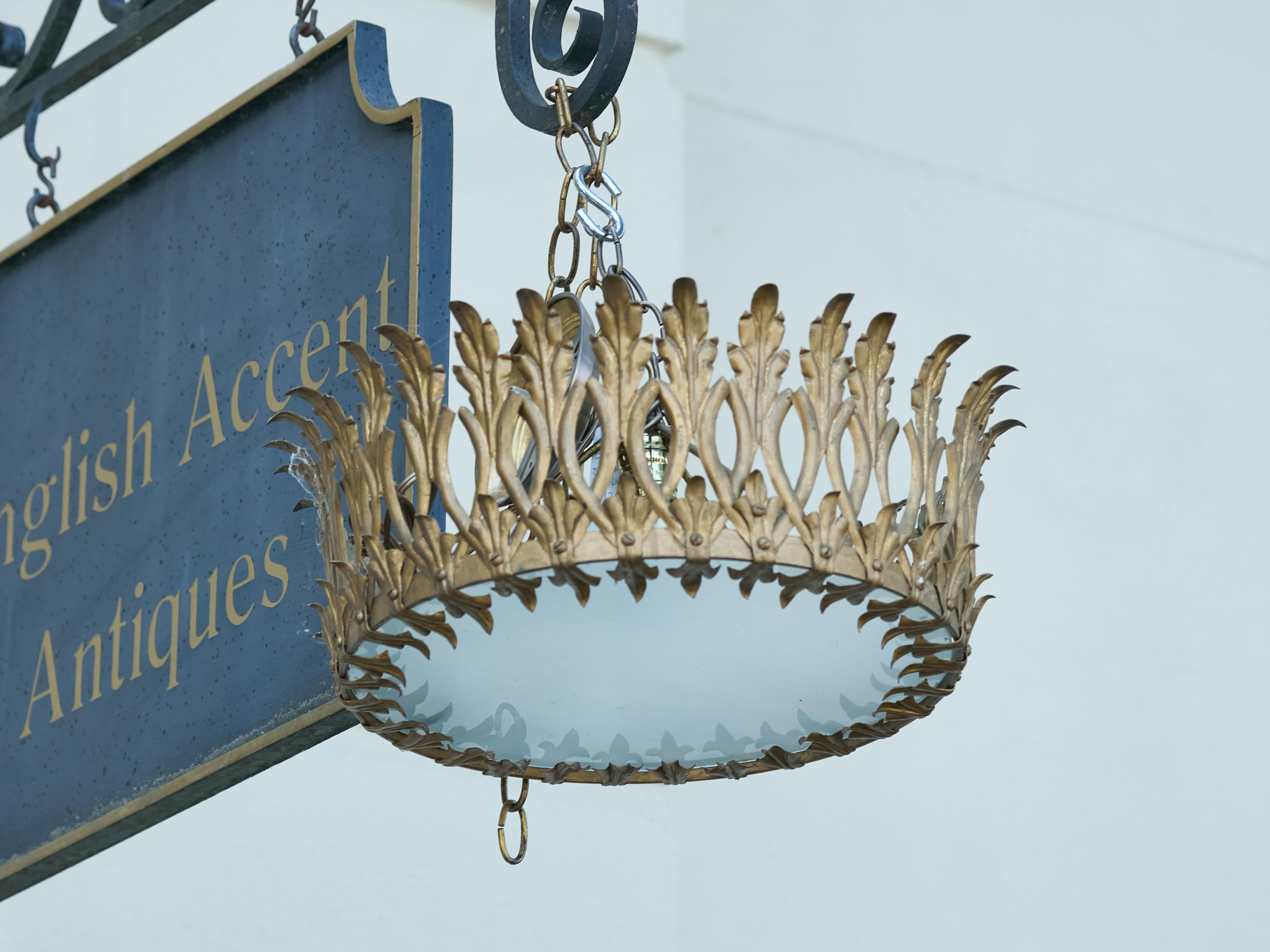 Mid-Century Modern Spanish Midcentury Gilt Metal Crown Chandelier with Elongated Leaves, US Wired For Sale