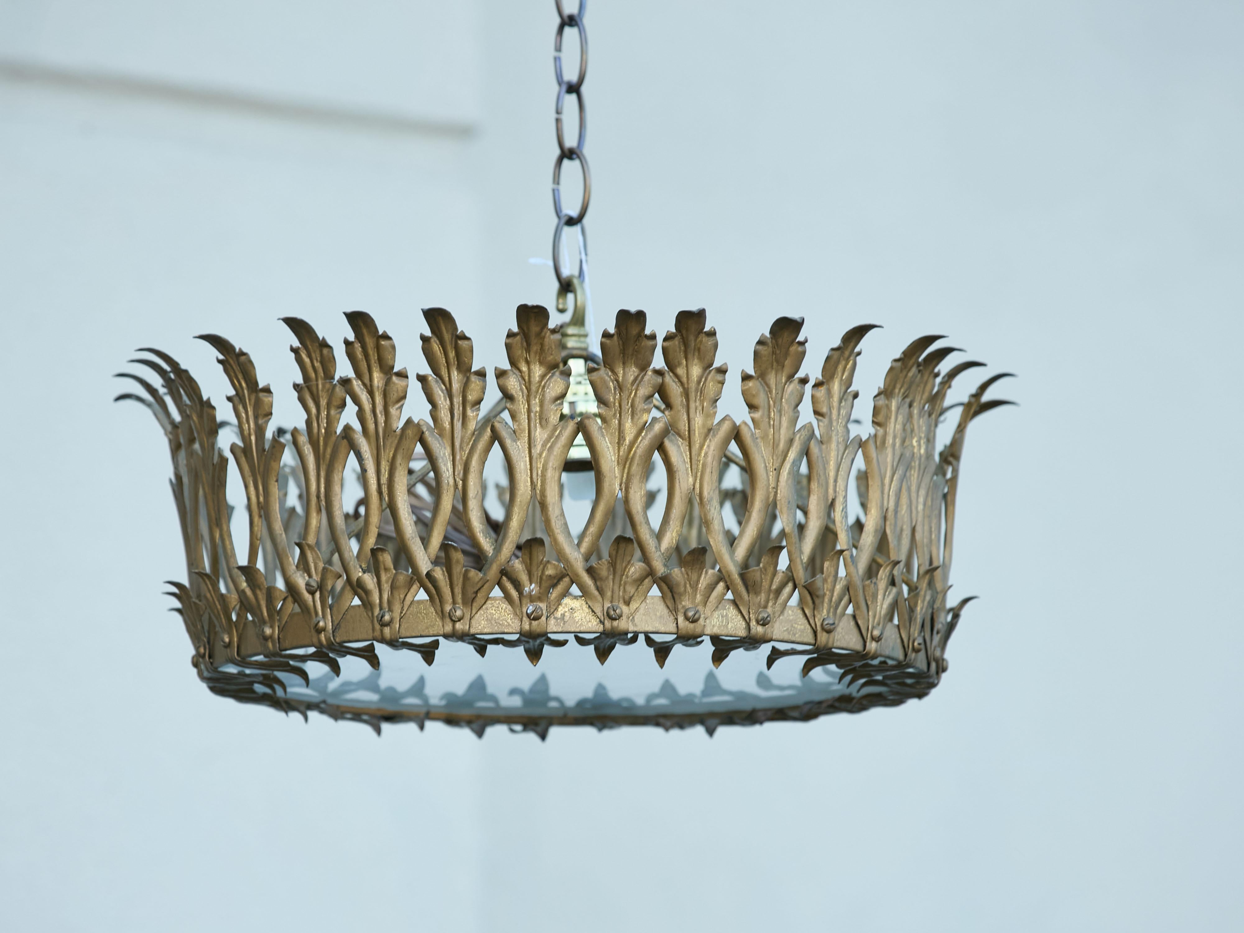 Frosted Spanish Midcentury Gilt Metal Crown Chandelier with Elongated Leaves, US Wired For Sale