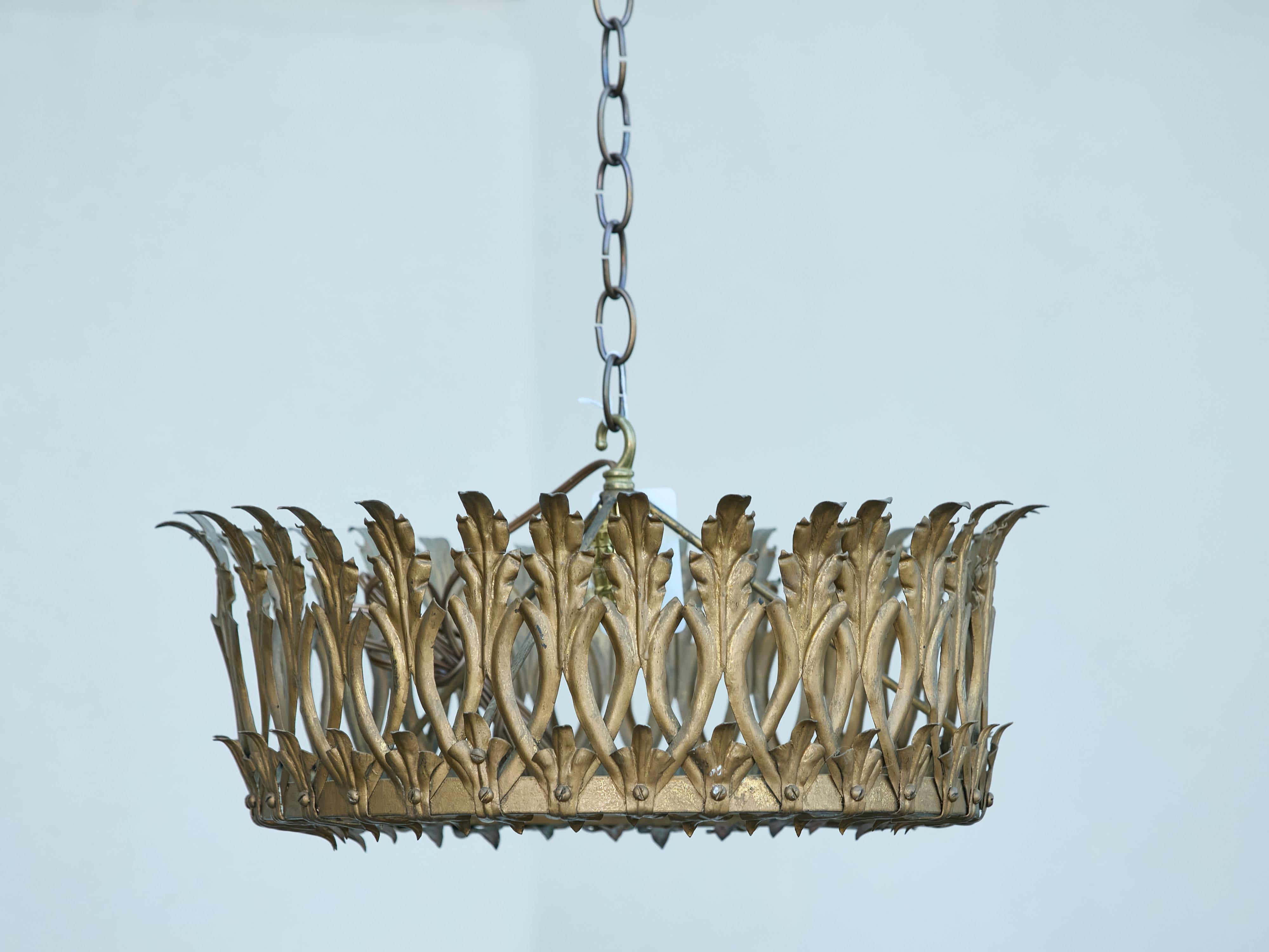 Spanish Midcentury Gilt Metal Crown Chandelier with Elongated Leaves, US Wired In Good Condition For Sale In Atlanta, GA