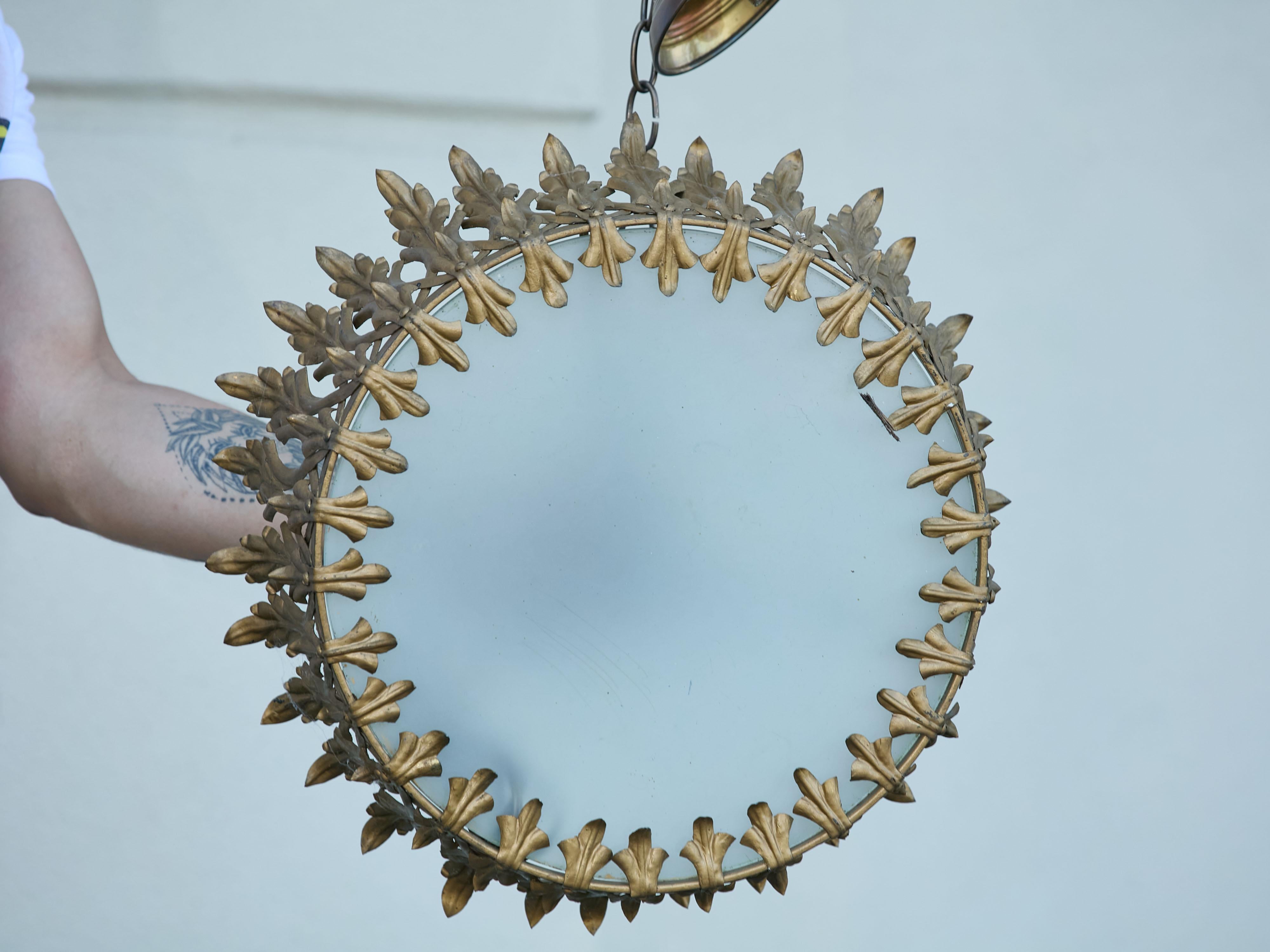 20th Century Spanish Midcentury Gilt Metal Crown Chandelier with Elongated Leaves, US Wired For Sale