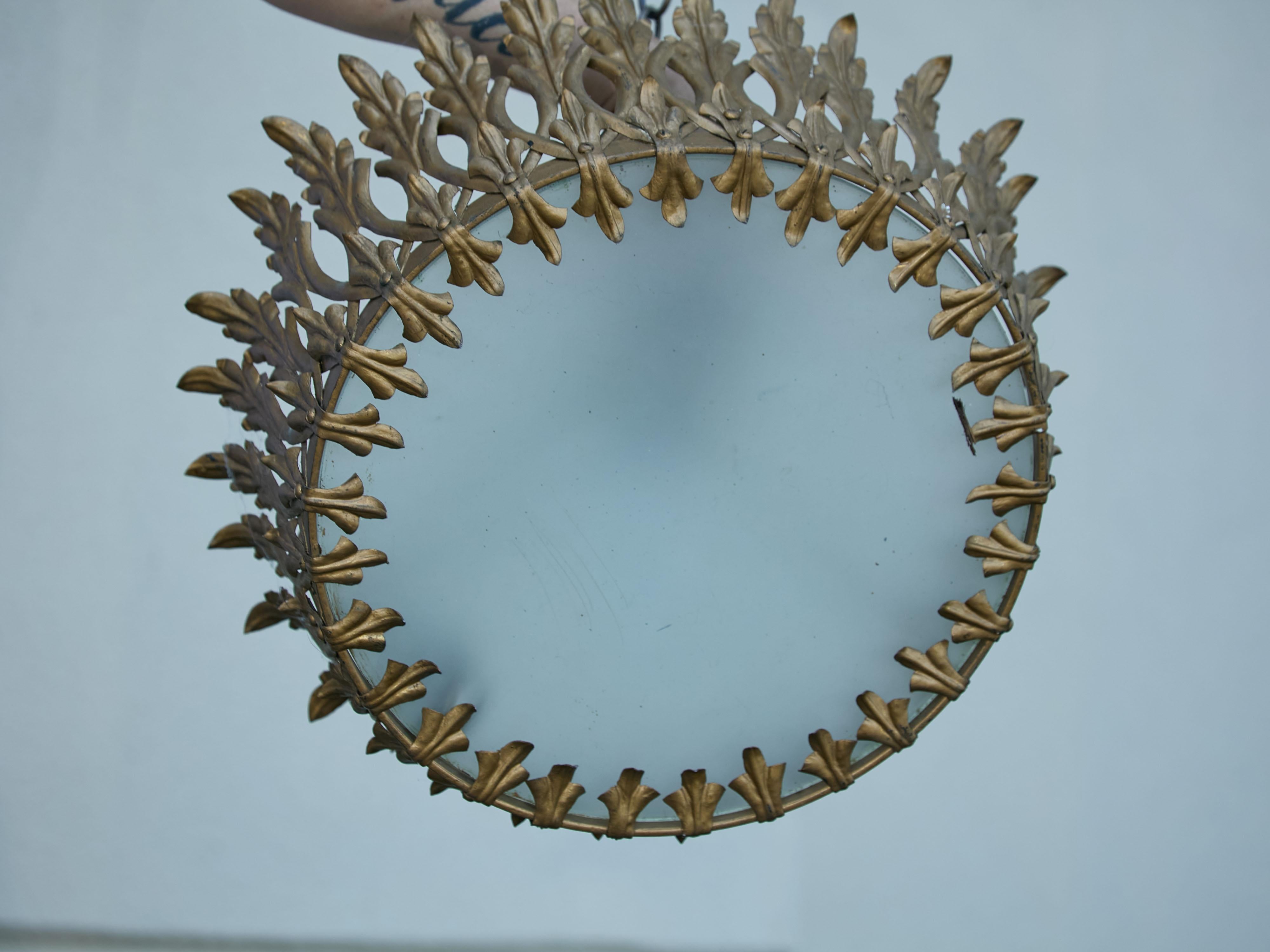 Spanish Midcentury Gilt Metal Crown Chandelier with Elongated Leaves, US Wired For Sale 2