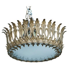 Spanish Midcentury Gilt Metal Crown Chandelier with Elongated Leaves, US Wired
