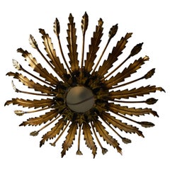 Spanish Mid-Century Gilt Metal Crown Chandelier with Leaves and Frosted Glass