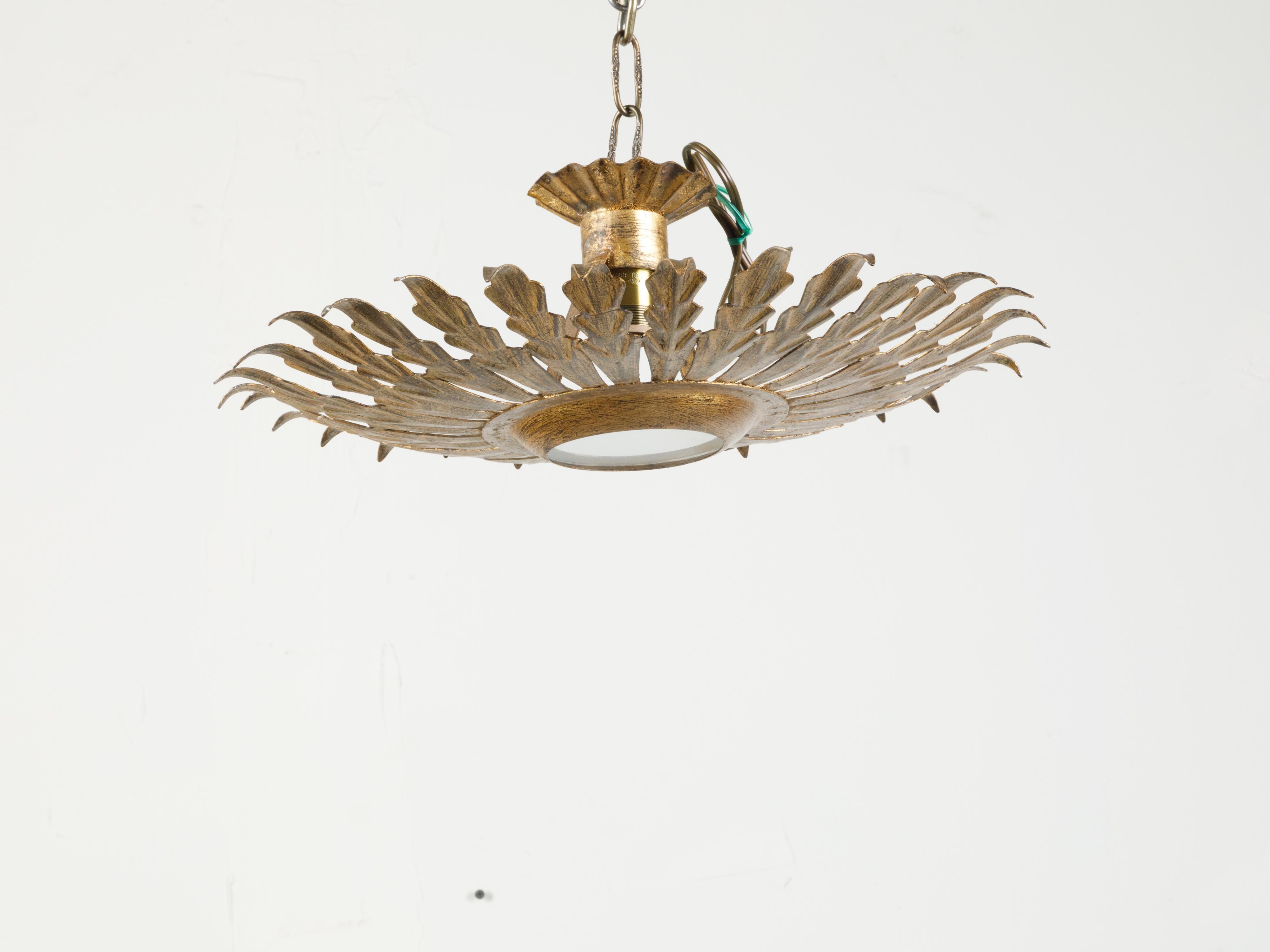 Mid-Century Modern Spanish Mid-Century Gilt Metal Crown Chandelier with Leaves and Frosted Glass