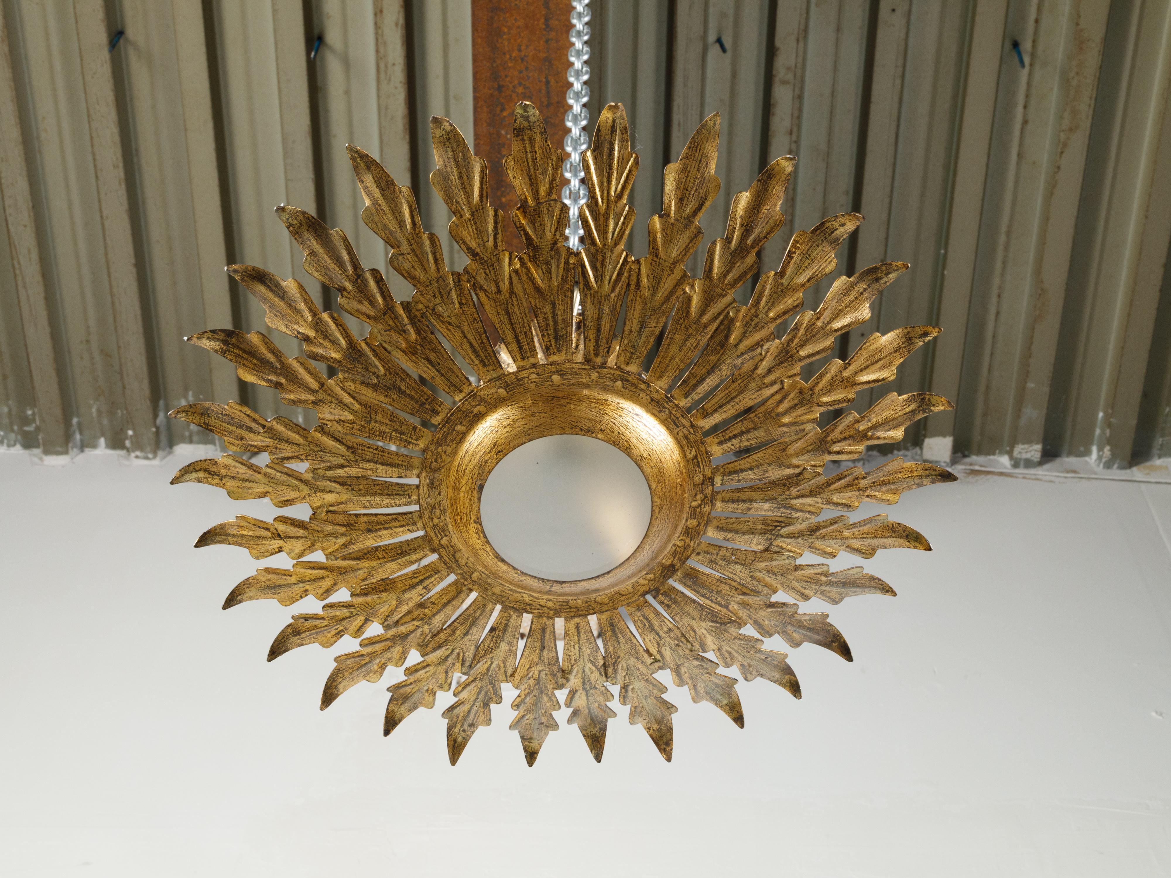 Spanish Mid-Century Gilt Metal Crown Chandelier with Leaves and Frosted Glass In Good Condition In Atlanta, GA