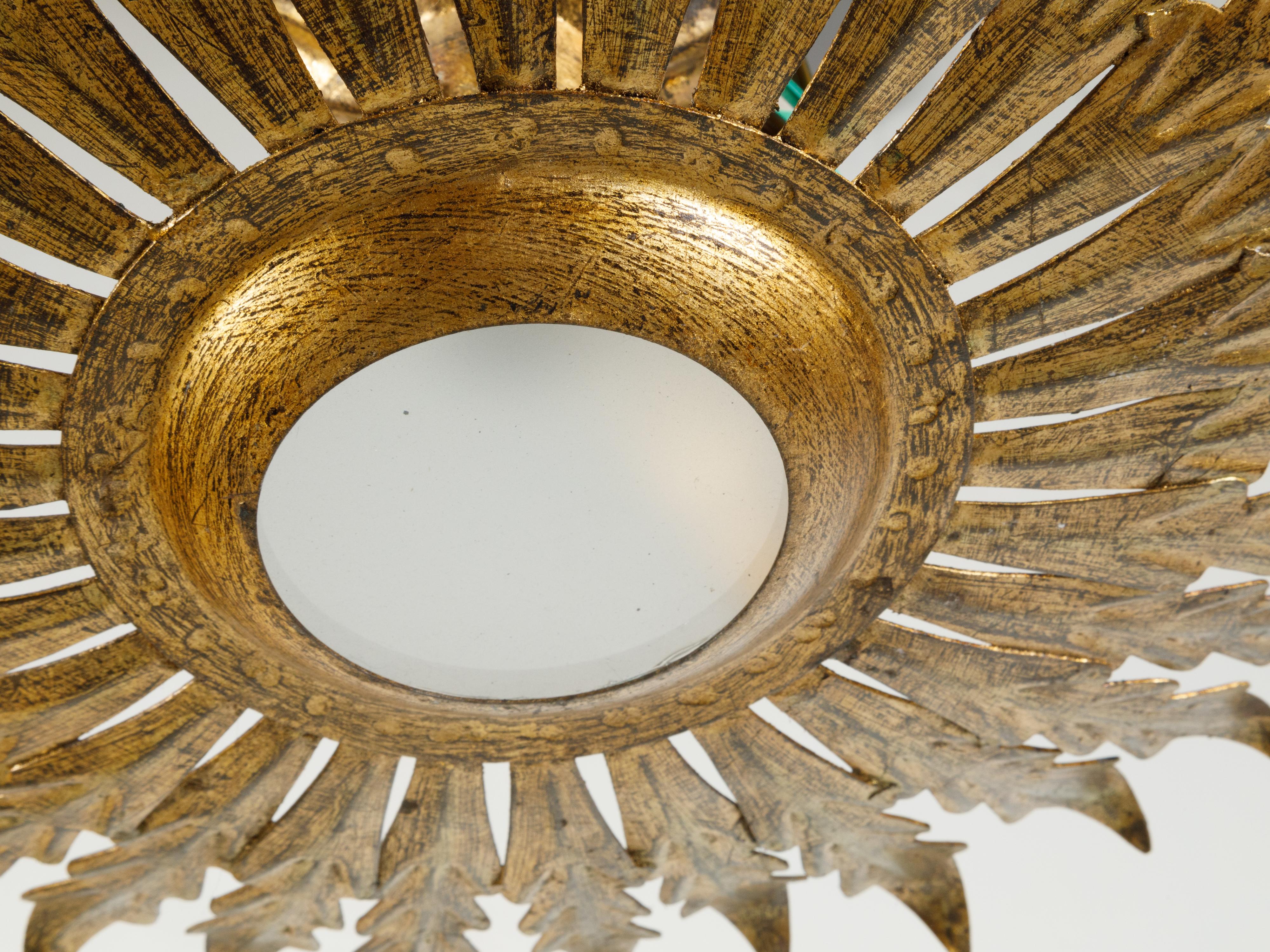 Spanish Mid-Century Gilt Metal Crown Chandelier with Leaves and Frosted Glass 1