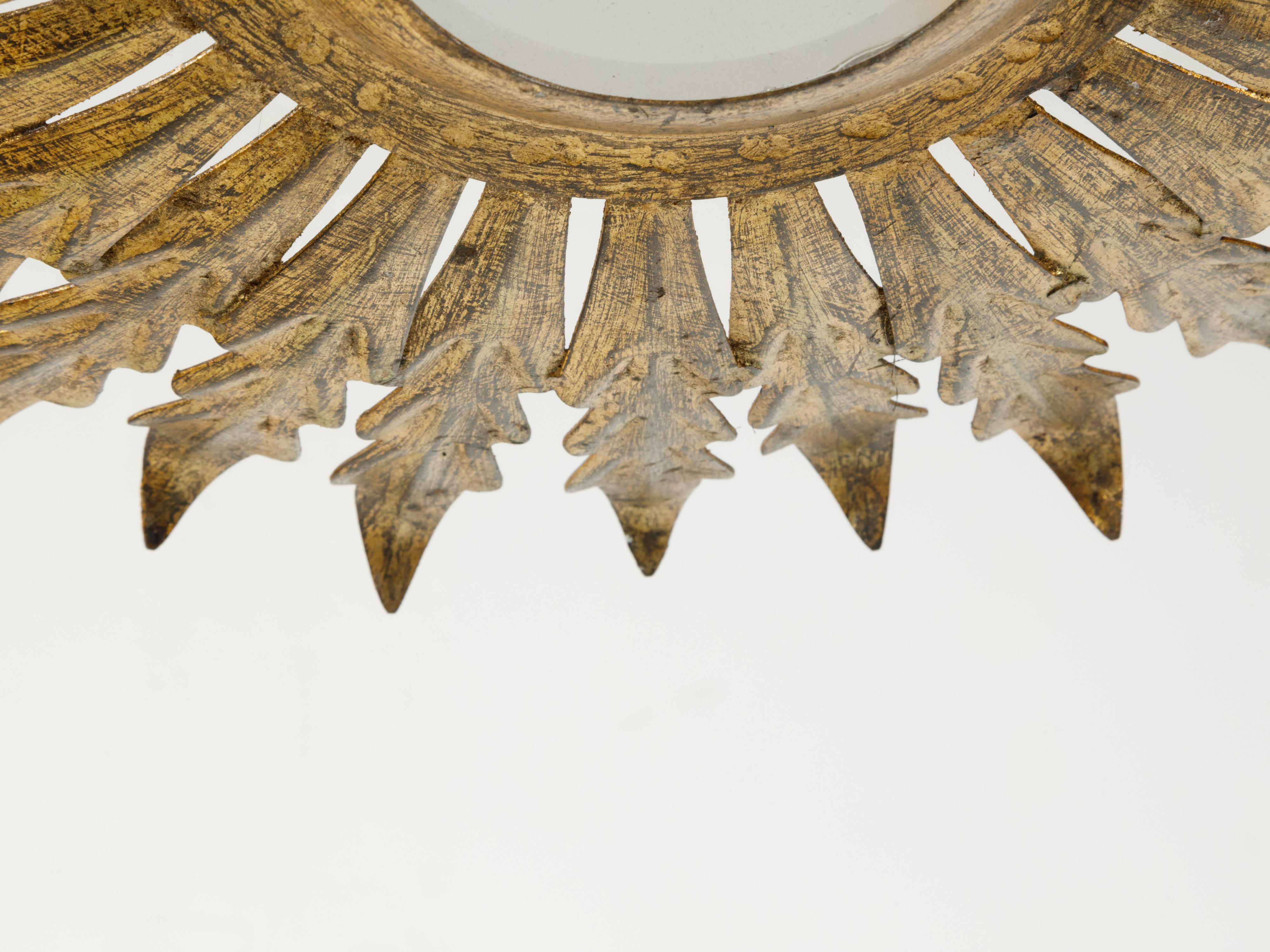 Spanish Mid-Century Gilt Metal Crown Chandelier with Leaves and Frosted Glass 3
