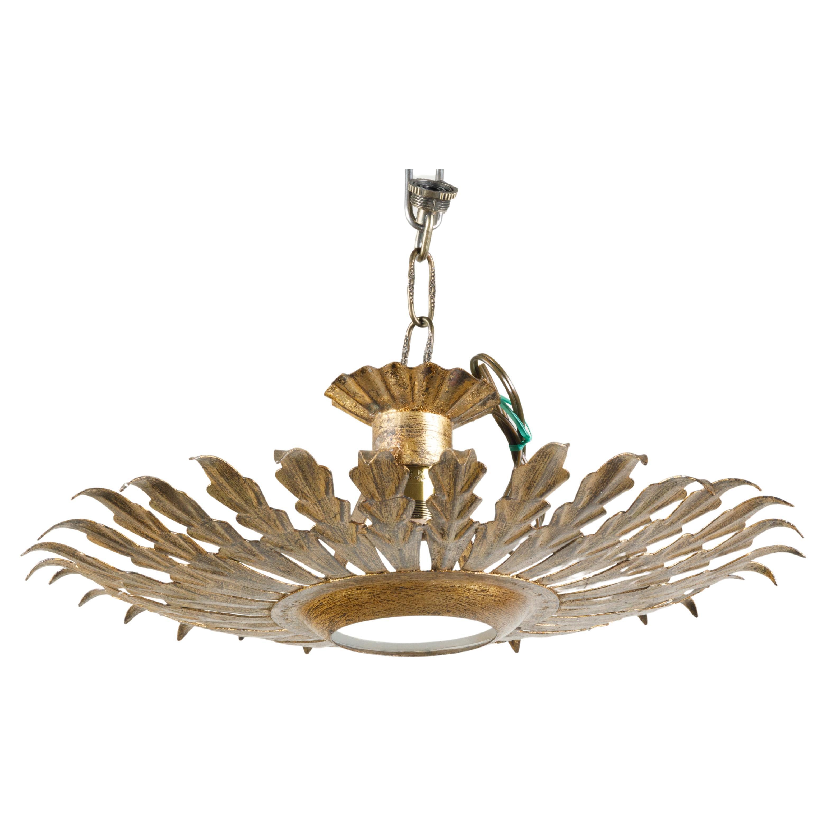 Spanish Mid-Century Gilt Metal Crown Chandelier with Leaves and Frosted Glass For Sale