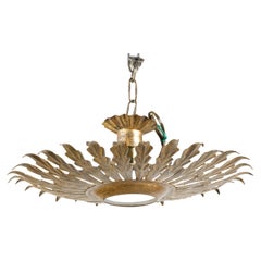 Retro Spanish Mid-Century Gilt Metal Crown Chandelier with Leaves and Frosted Glass