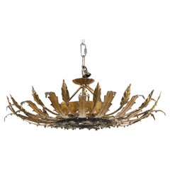 Spanish Mid-Century Gilt Metal Crown Chandelier with Leaves and Frosted Glass