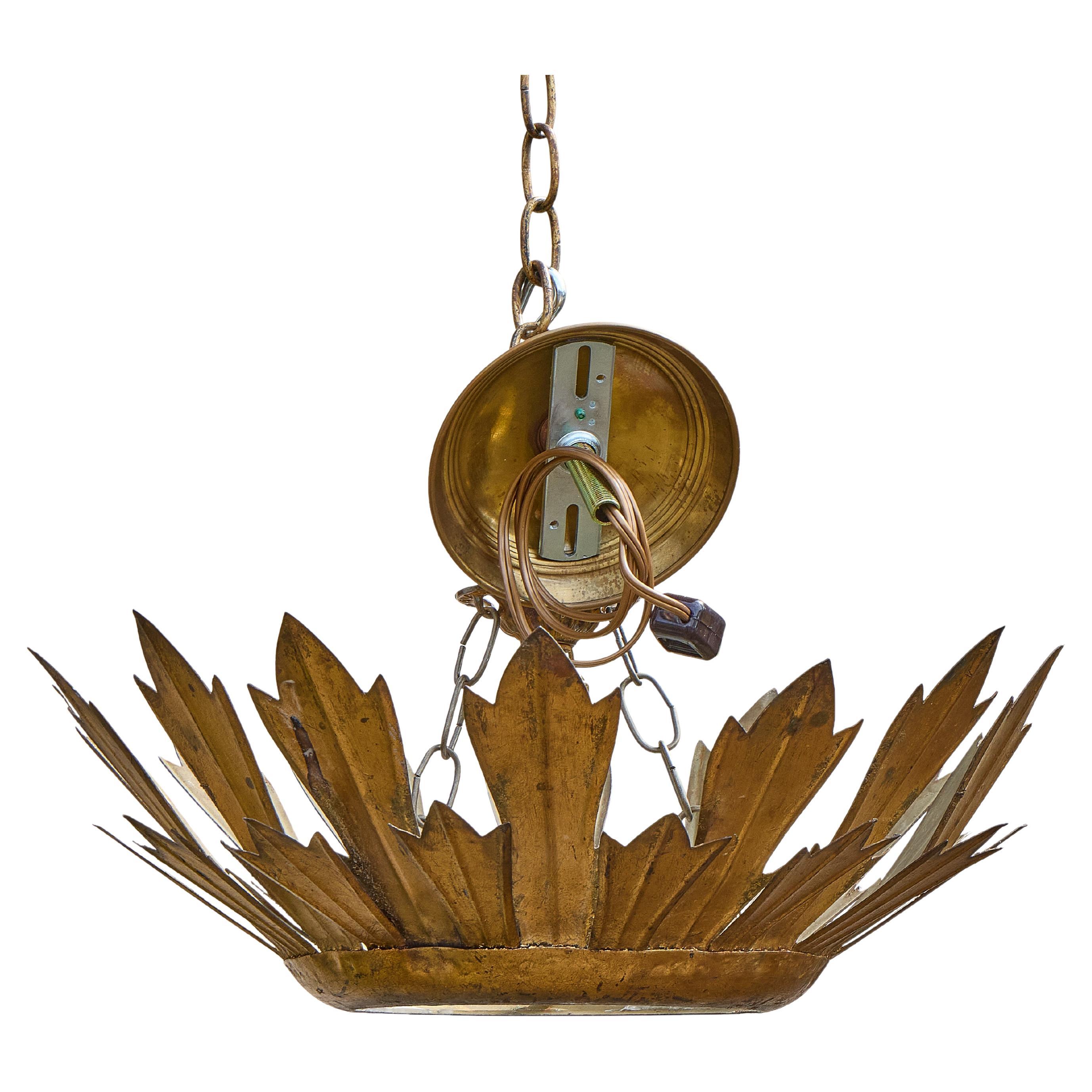 Spanish Midcentury Gilt Metal Crown Pendant with Frosted Glass Diffuser