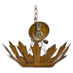 Spanish Midcentury Gilt Metal Crown Pendant with Frosted Glass Diffuser