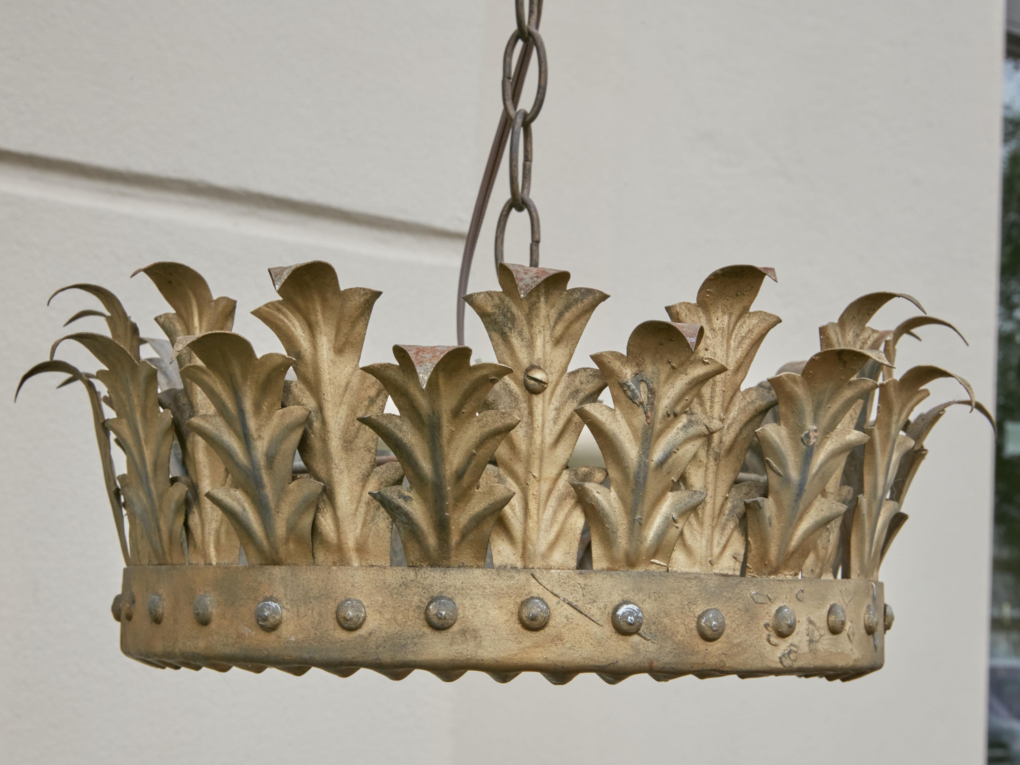 Mid-Century Modern Spanish Midcentury Gilt Metal Semi-Flush Crown Chandelier with Foliage
